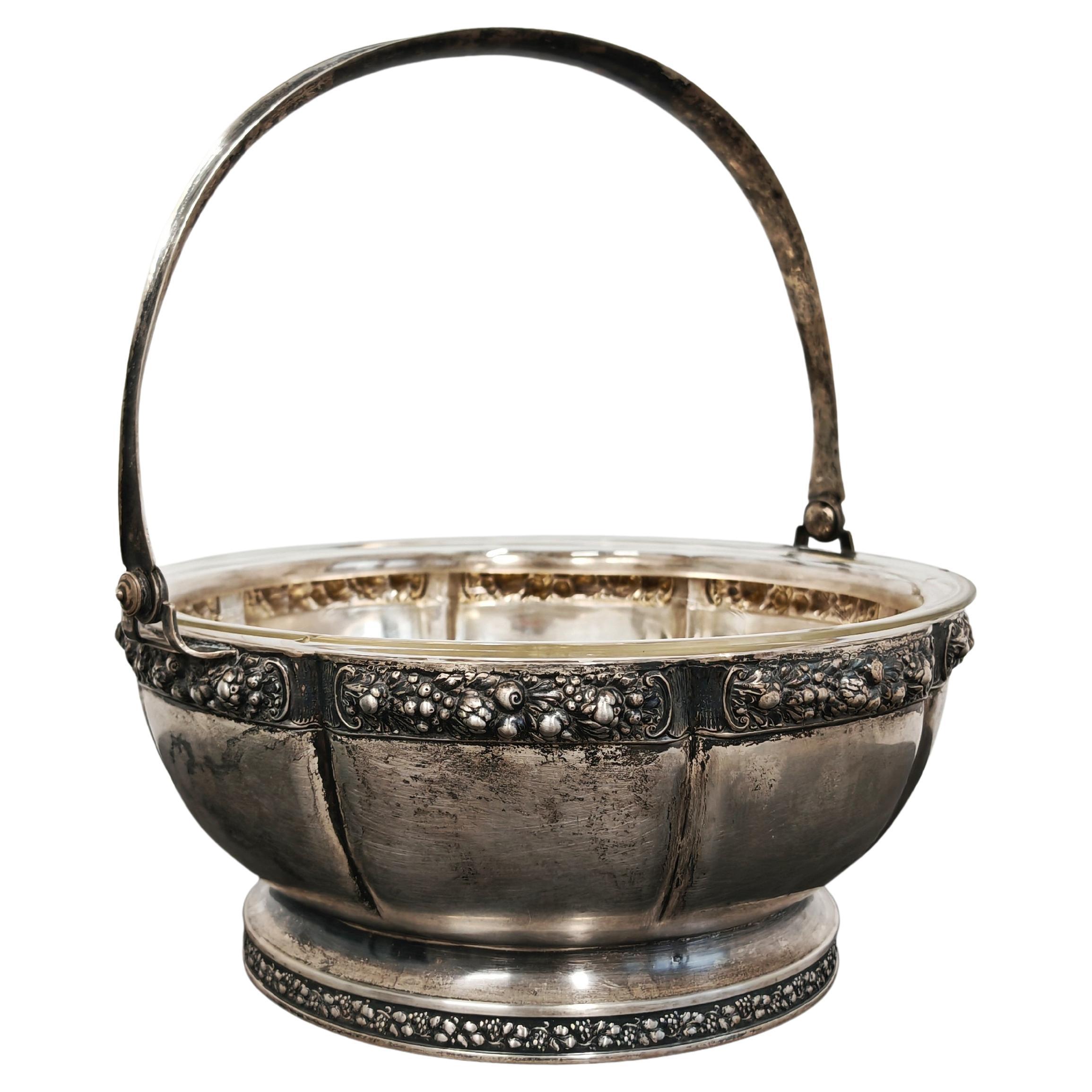 Antico Centeriece d'argento - Cestino con ciotola di cristallo, Germania, 1900 in vendita