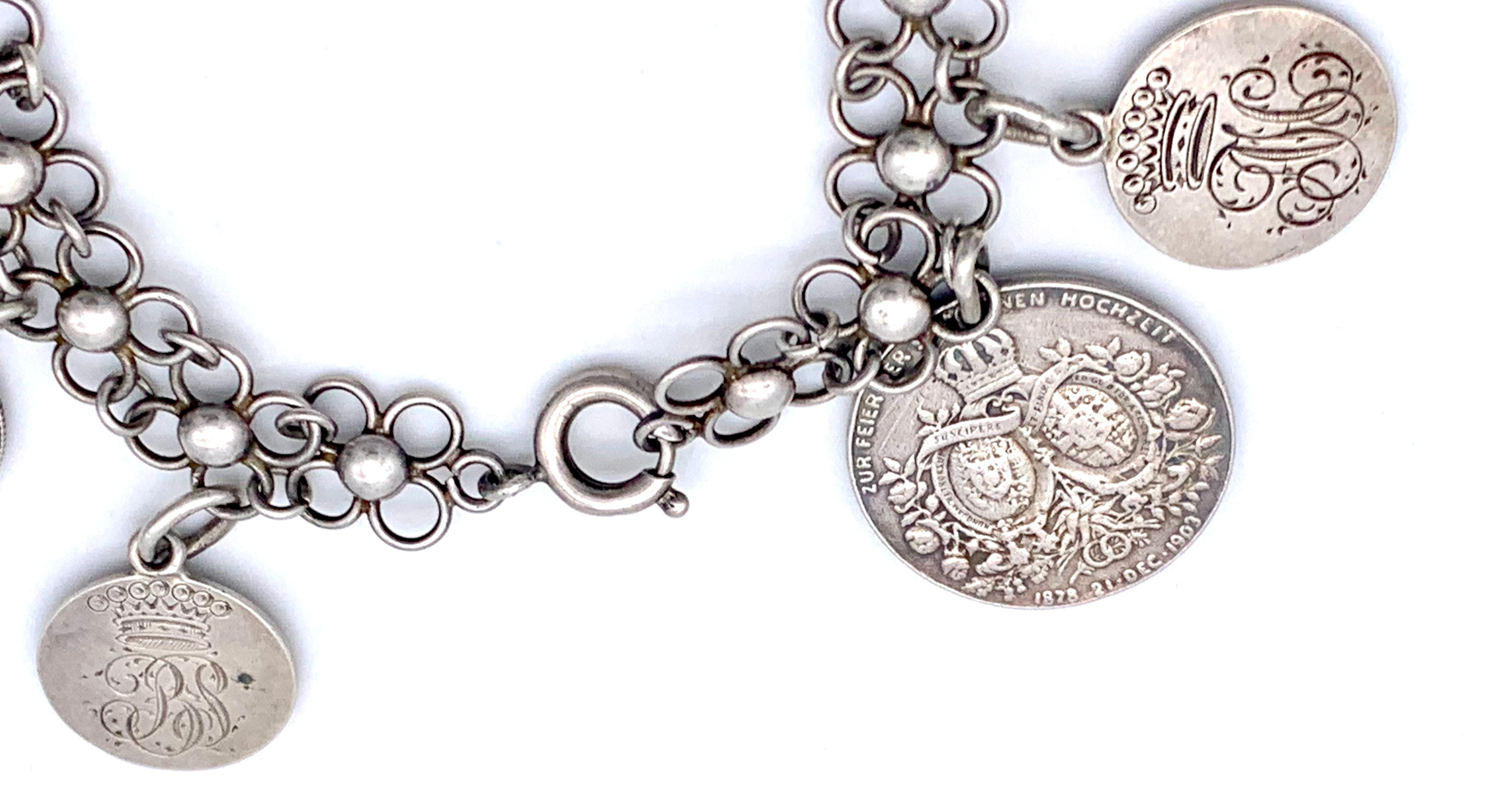 Women's Antique Silver Charm Coin Flexible Link Bracelet  For Sale