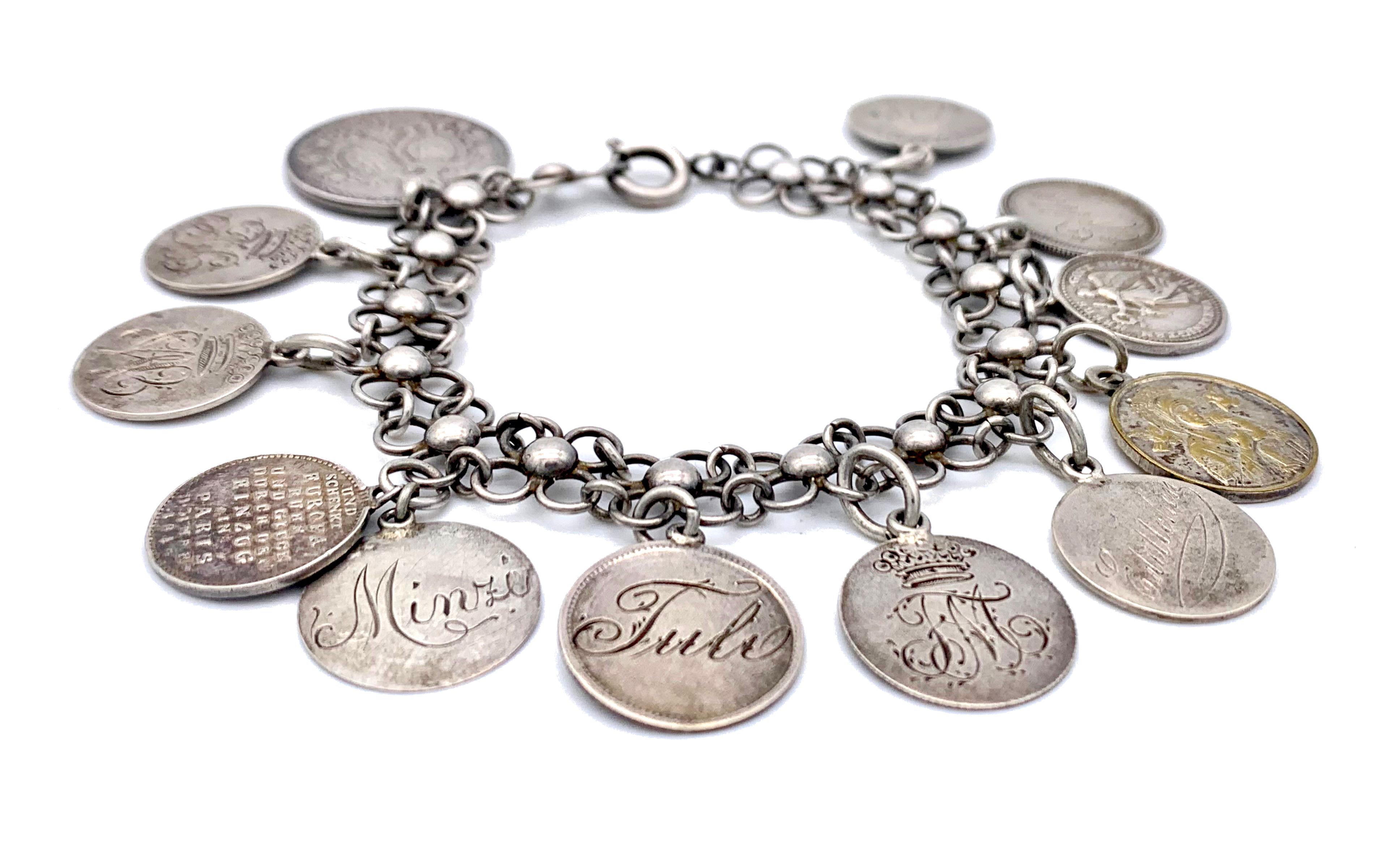 Antique Silver Charm Coin Flexible Link Bracelet  For Sale 1