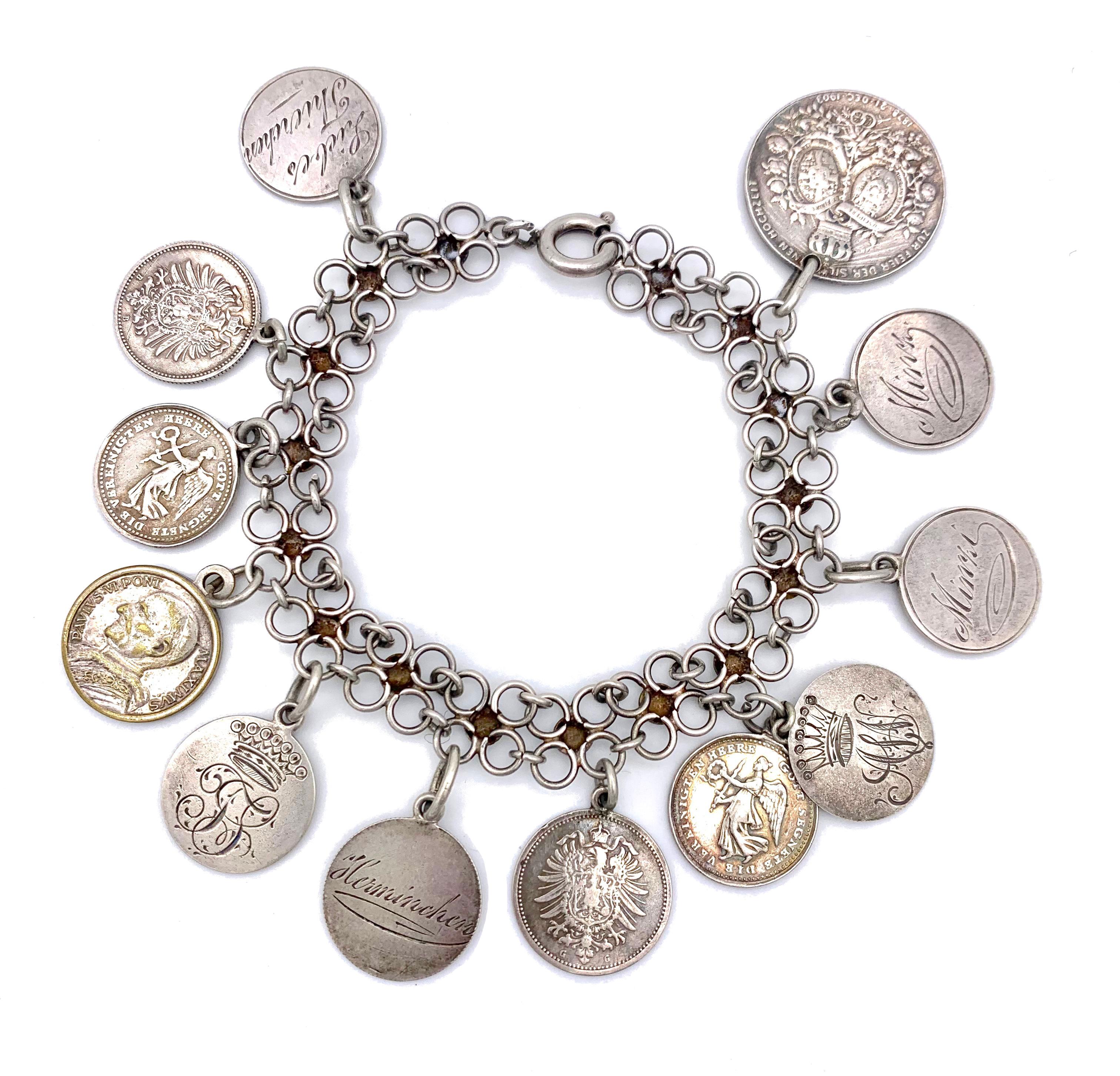 Antique Silver Charm Coin Flexible Link Bracelet  For Sale 2