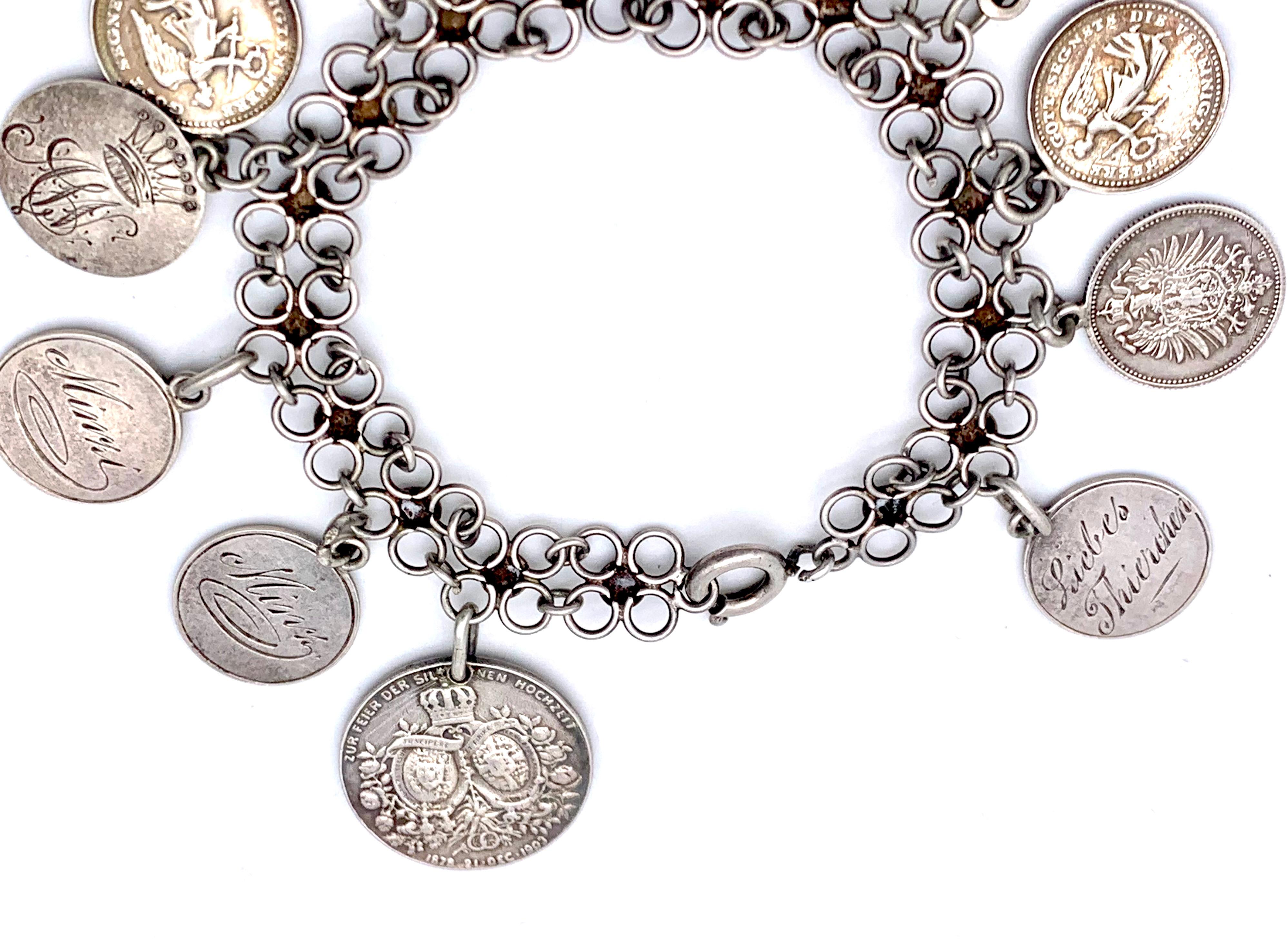 Antique Silver Charm Coin Flexible Link Bracelet  For Sale 4