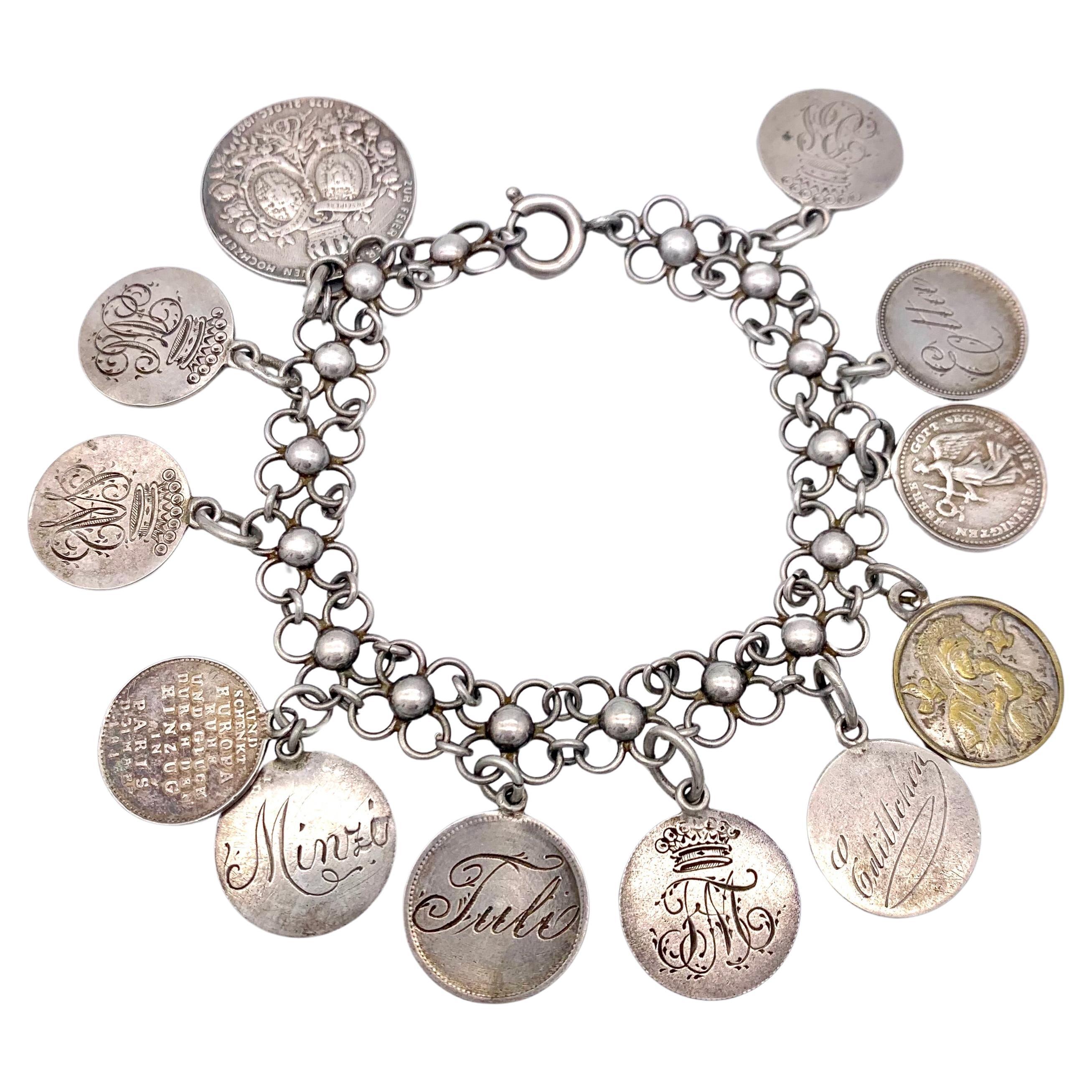 Antique Silver Charm Coin Flexible Link Bracelet  For Sale