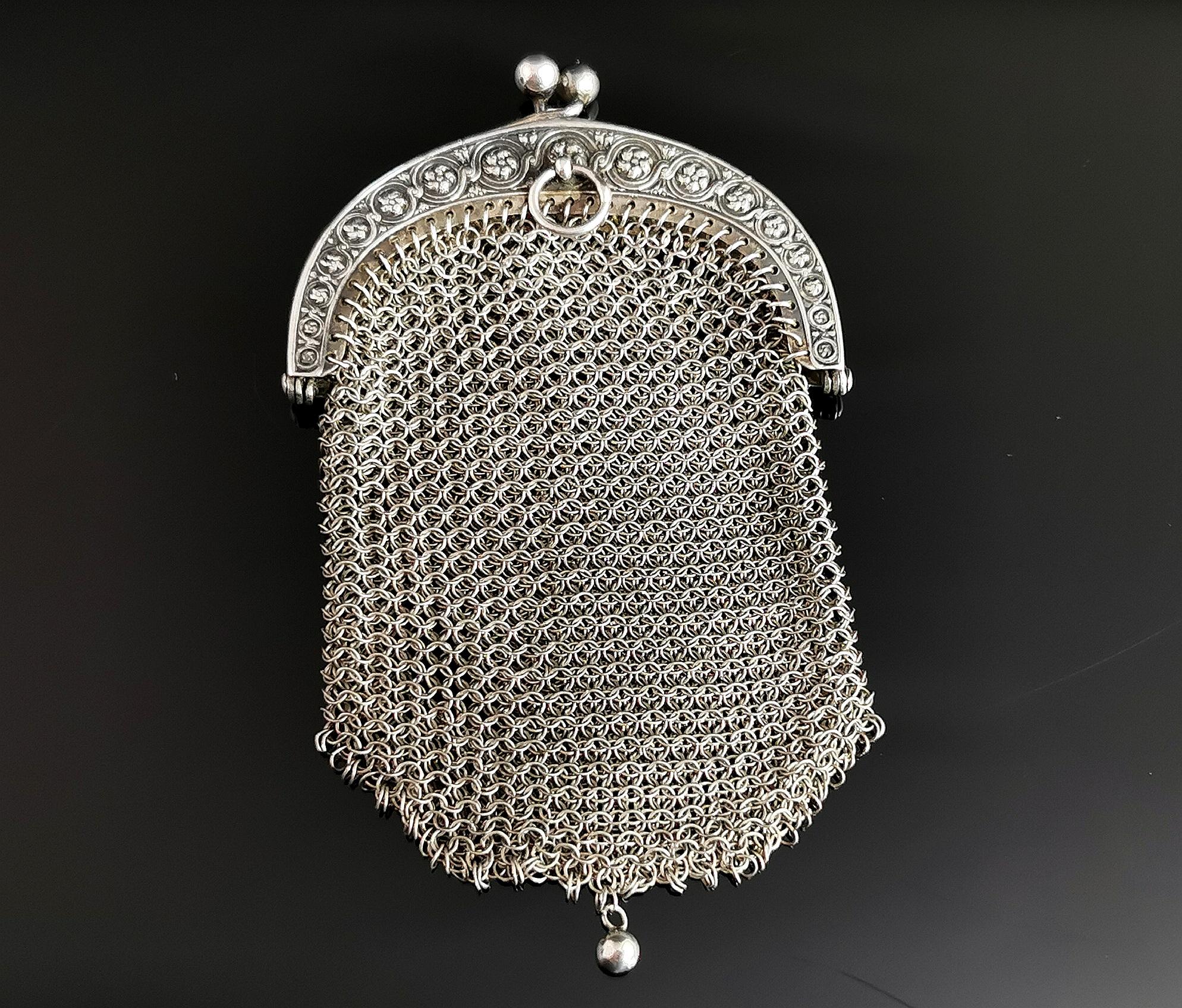 Antique silver chatelaine purse, coin purse, 800 silver 2