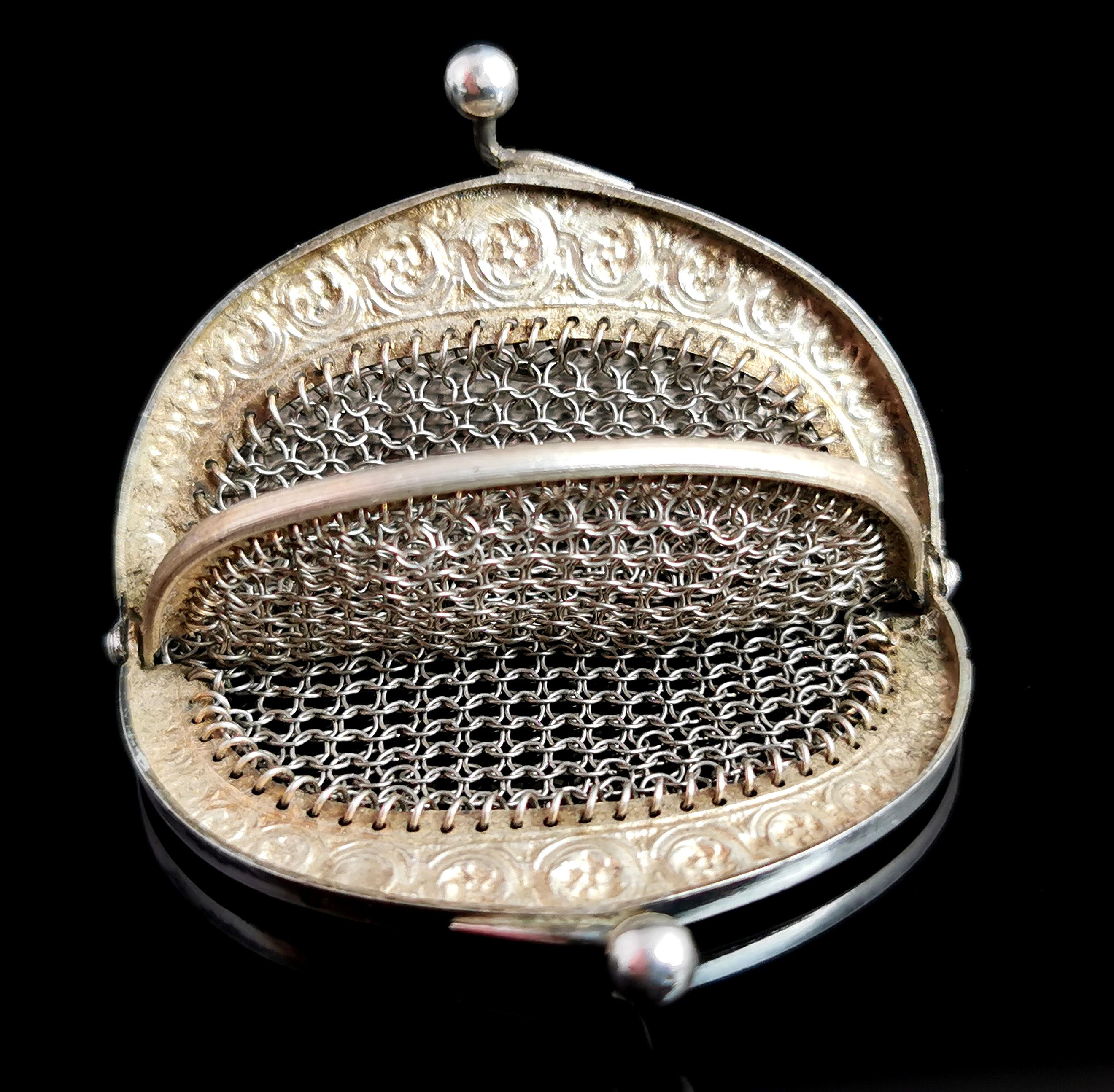 Silver Antique silver chatelaine purse, coin purse, 800 silver