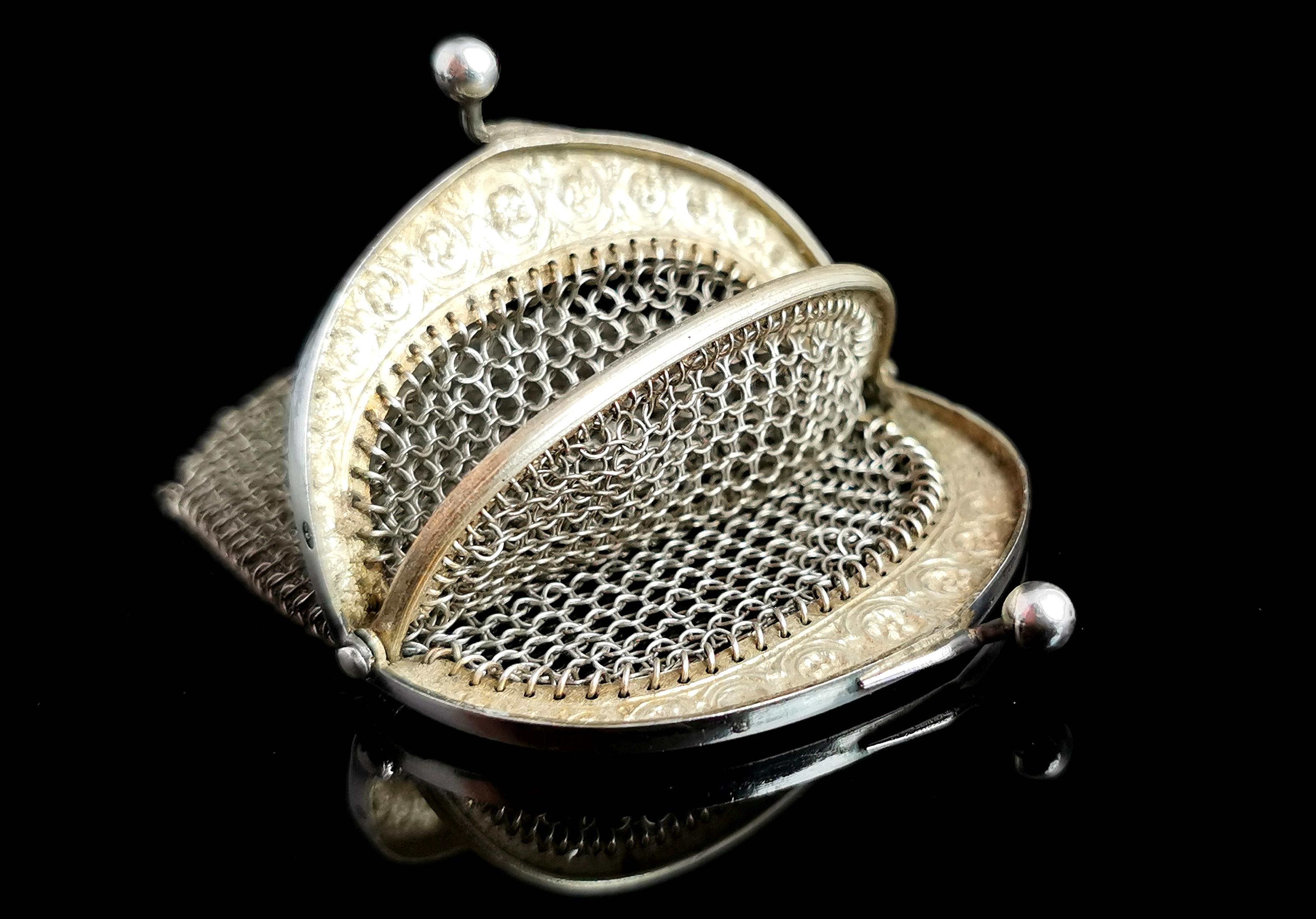 Antique silver chatelaine purse, coin purse, 800 silver In Good Condition In NEWARK, GB