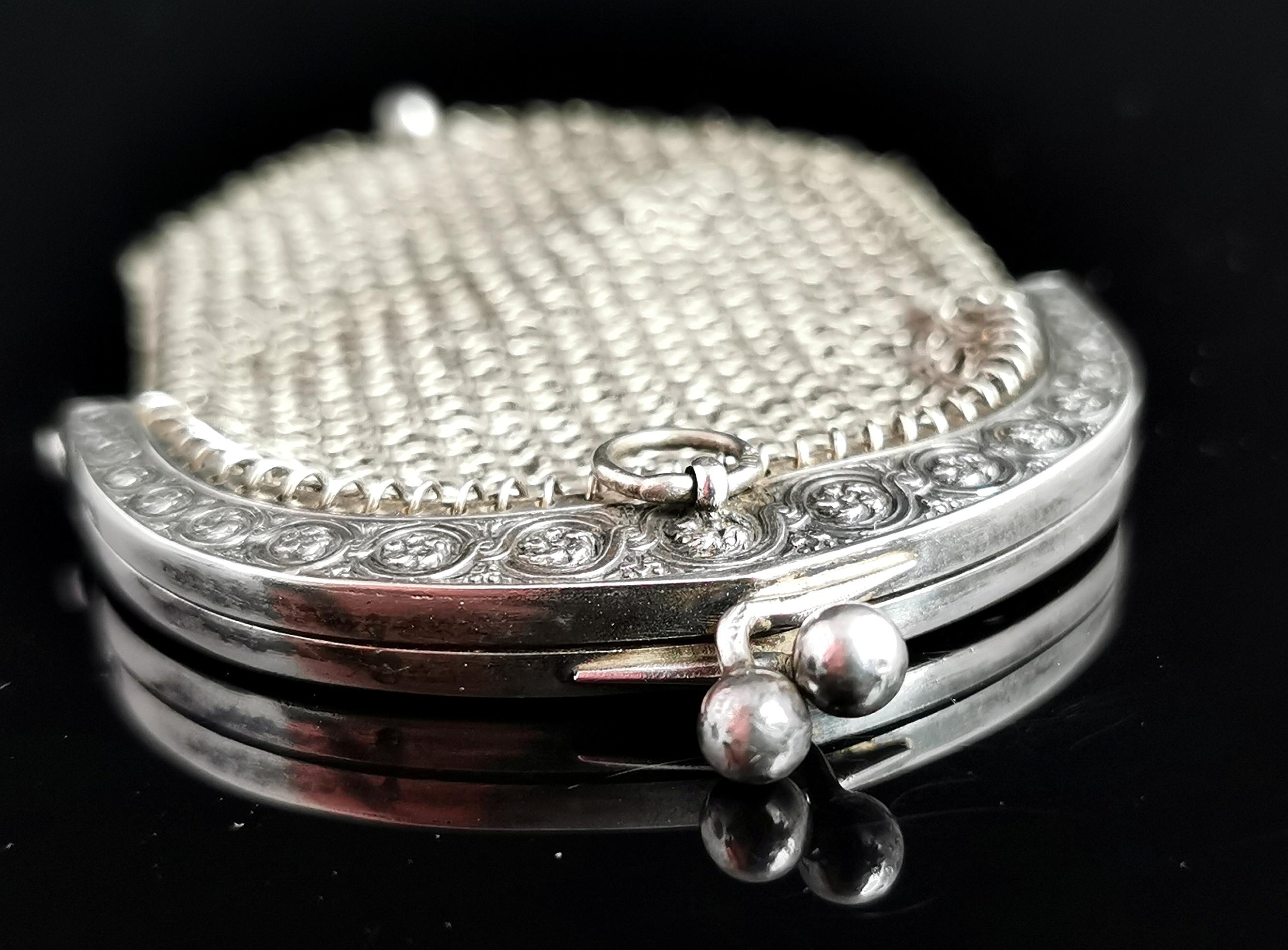 Women's Antique silver chatelaine purse, coin purse, 800 silver