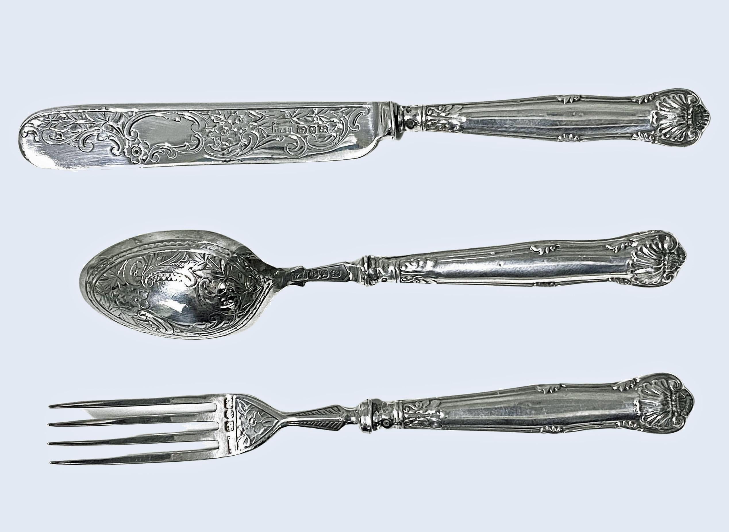 Antique Silver Child’s Youth Christening or Travelling Set, Birmingham 1897 Levi and Salaman. Full hallmarks to blades and handles. Length: knife 6.40 inches, spoon 5.50 inches and fork 5.75 inches. Nice, engraved decoration, no monograms. 