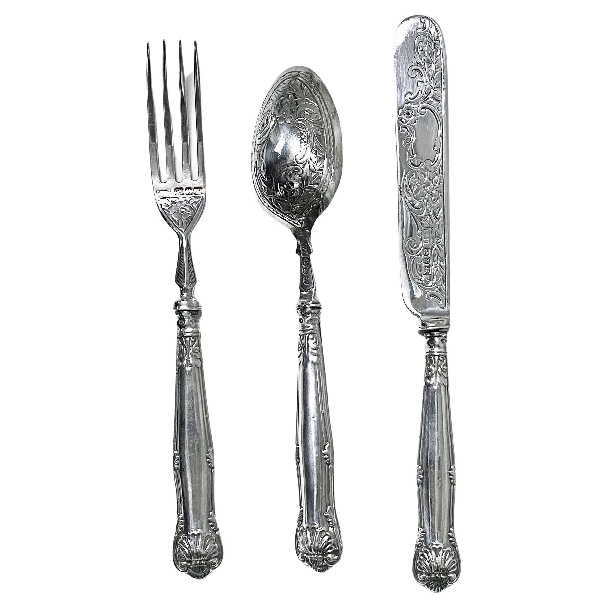 Set de baptême ou de voyage pour enfant en argent ancien Birmingham 1897