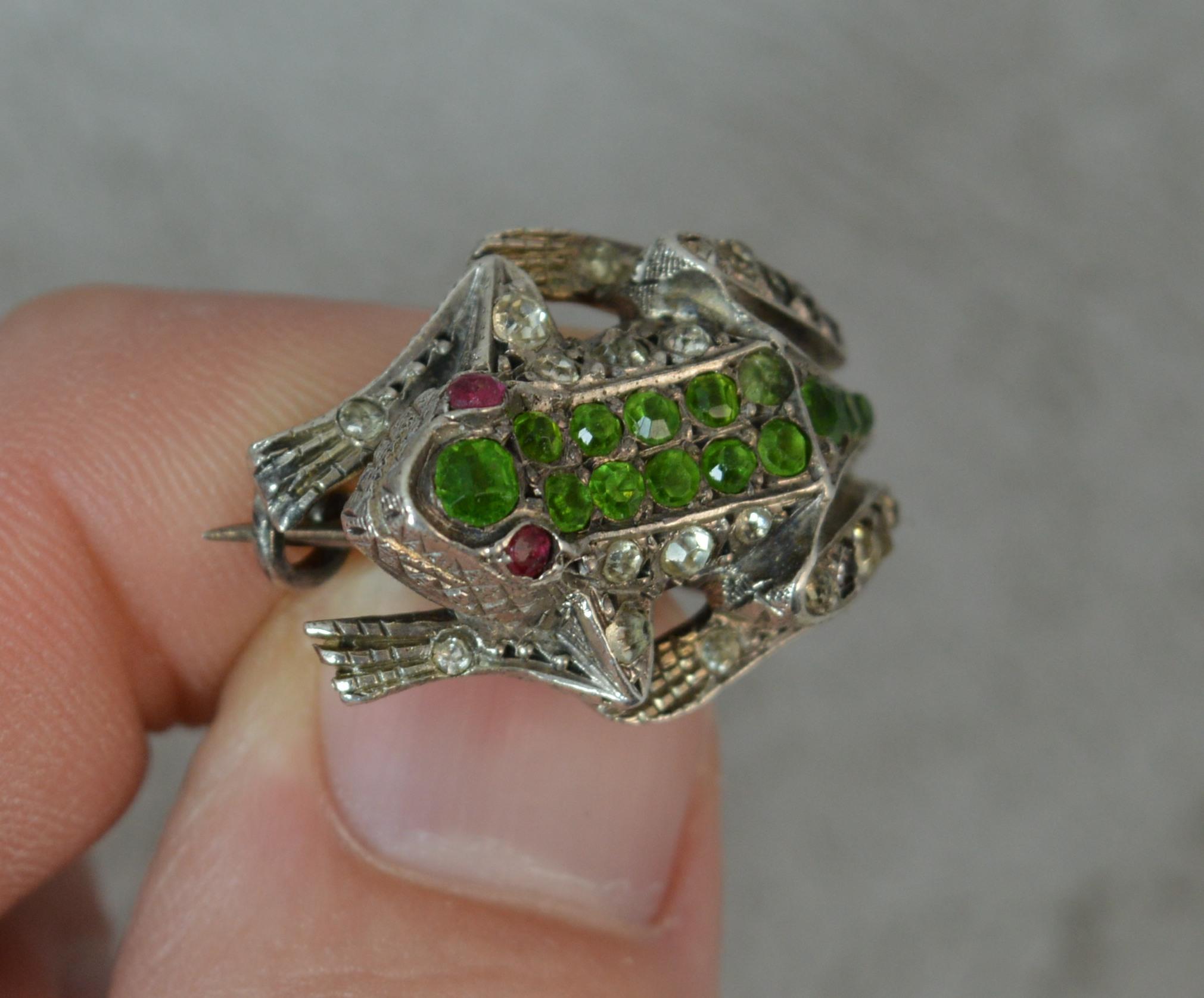 Antique Silver and Colored Paste Frog Toad Brooch In Fair Condition In St Helens, GB