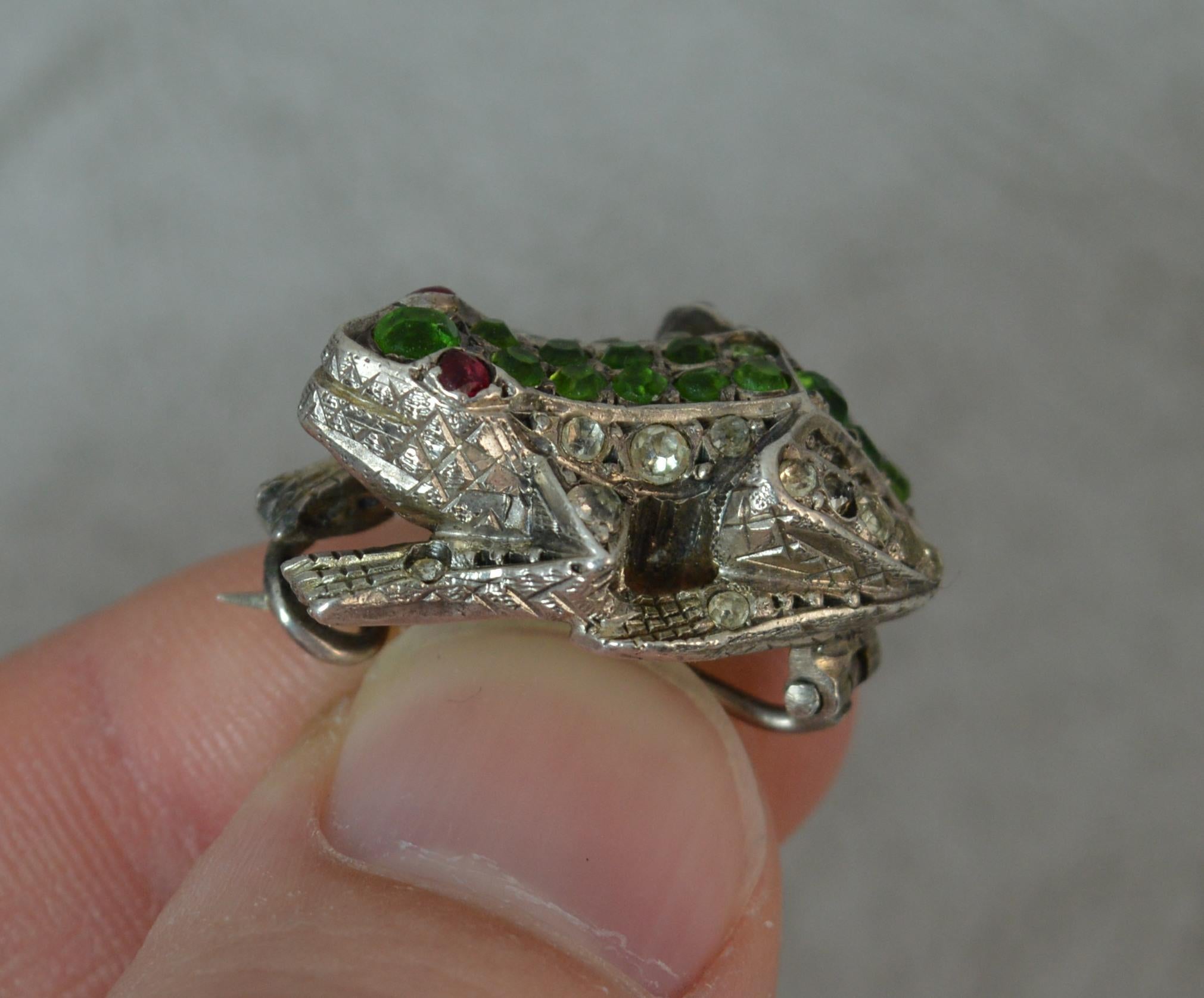 Women's Antique Silver and Colored Paste Frog Toad Brooch