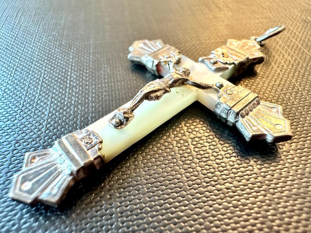 Art Deco Antique Silver Crucifix and Mother of Pearl