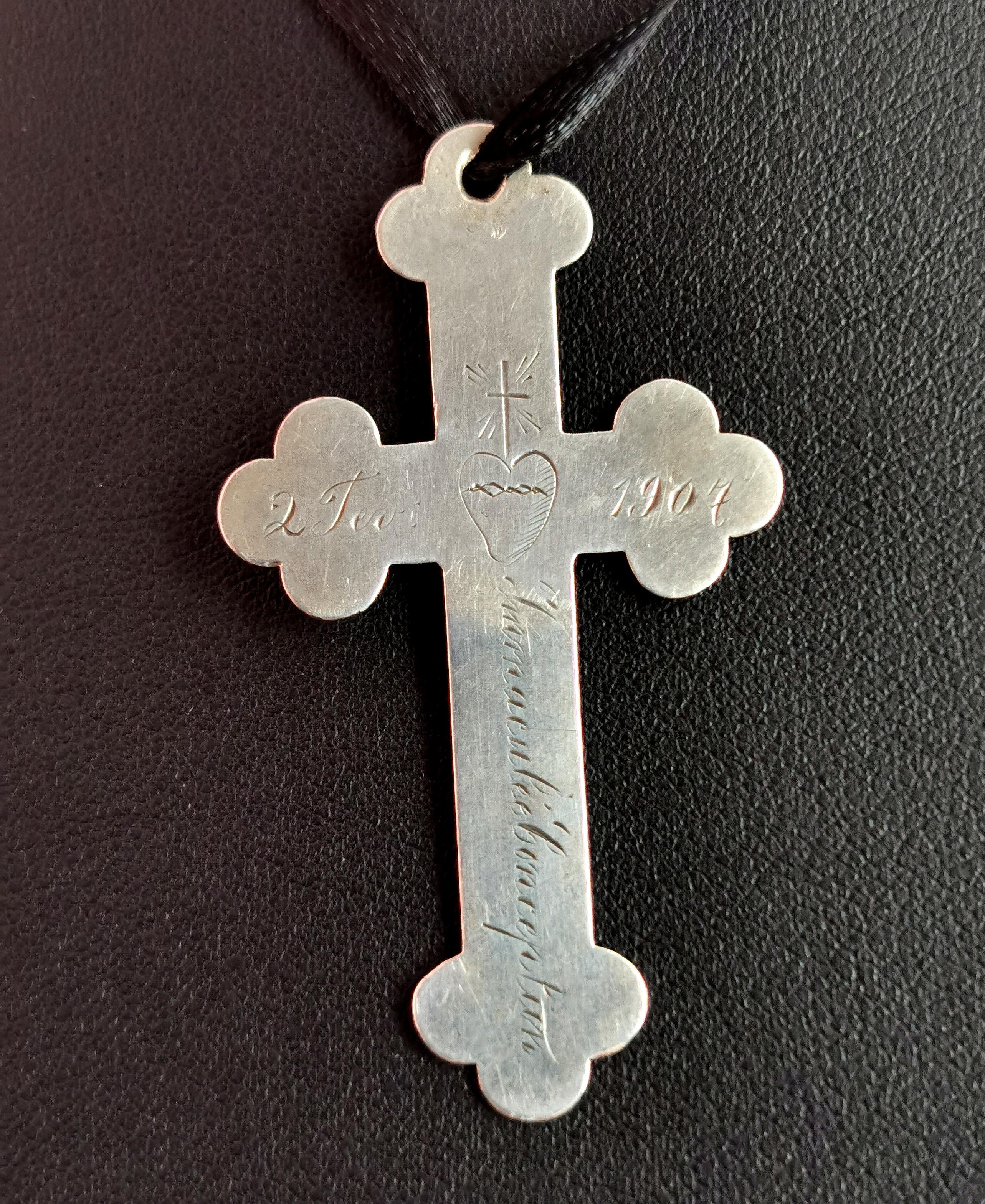 Antique Silver Cross Pendant, Heart and Dagger 5
