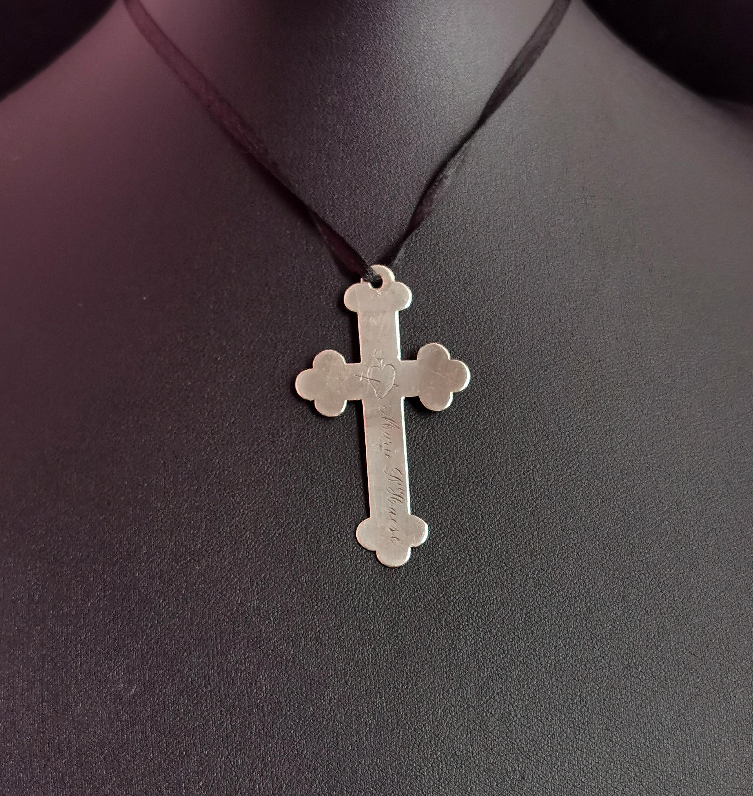 Edwardian Antique Silver Cross Pendant, Heart and Dagger