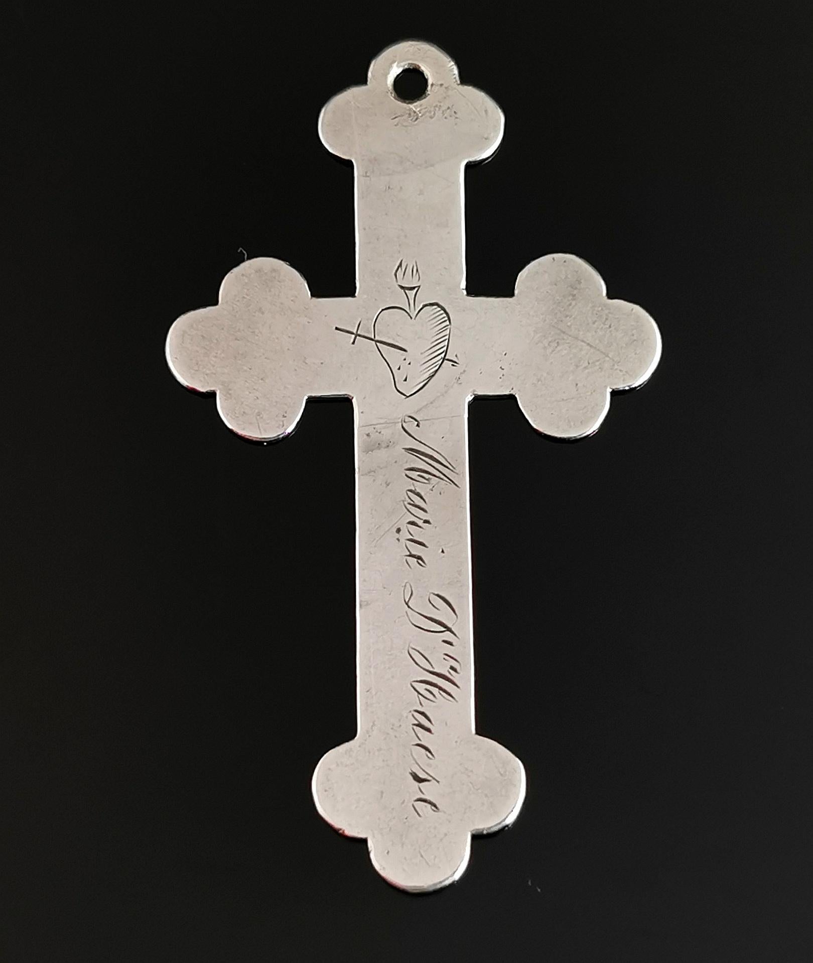 Women's or Men's Antique Silver Cross Pendant, Heart and Dagger