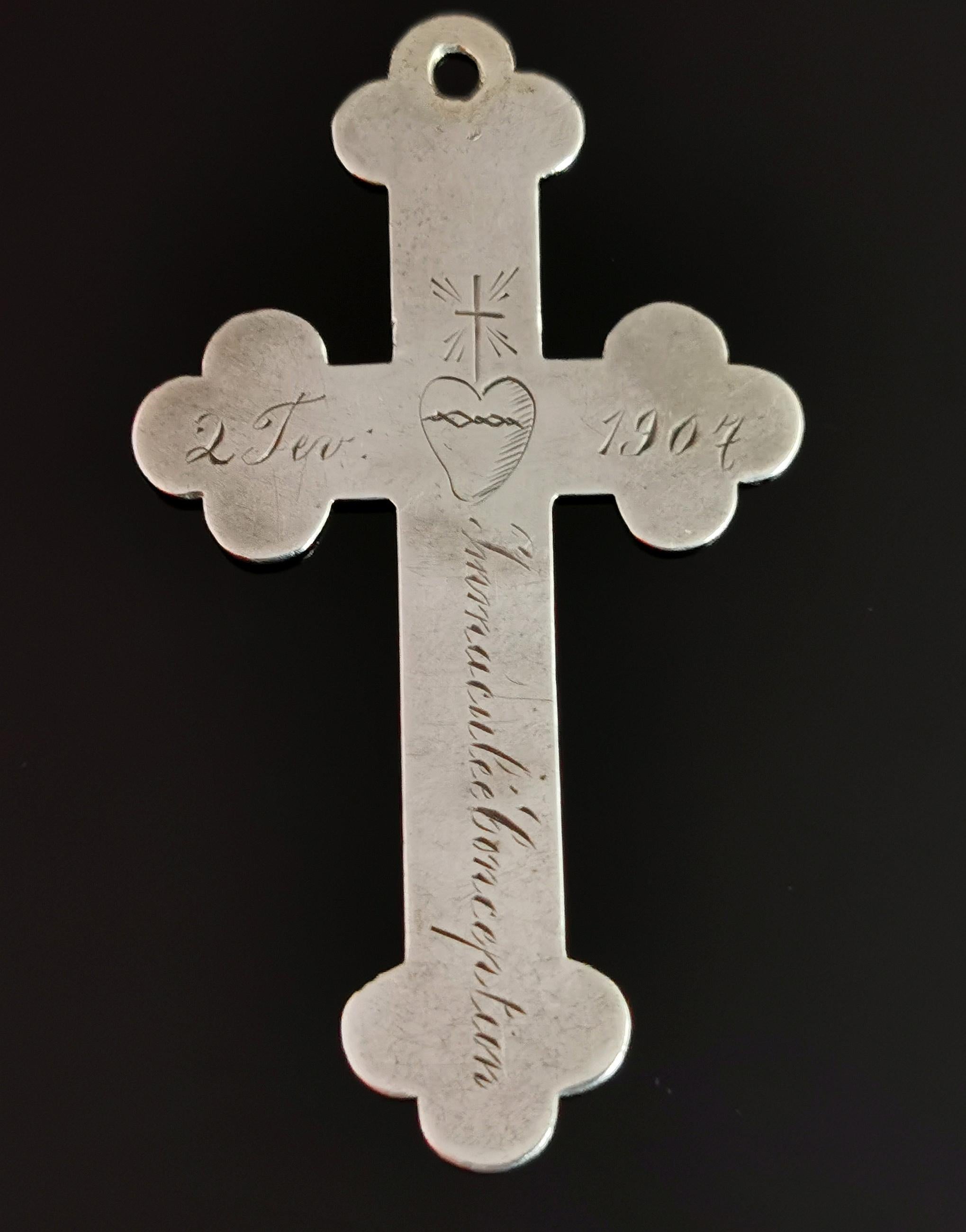 Antique Silver Cross Pendant, Heart and Dagger 3