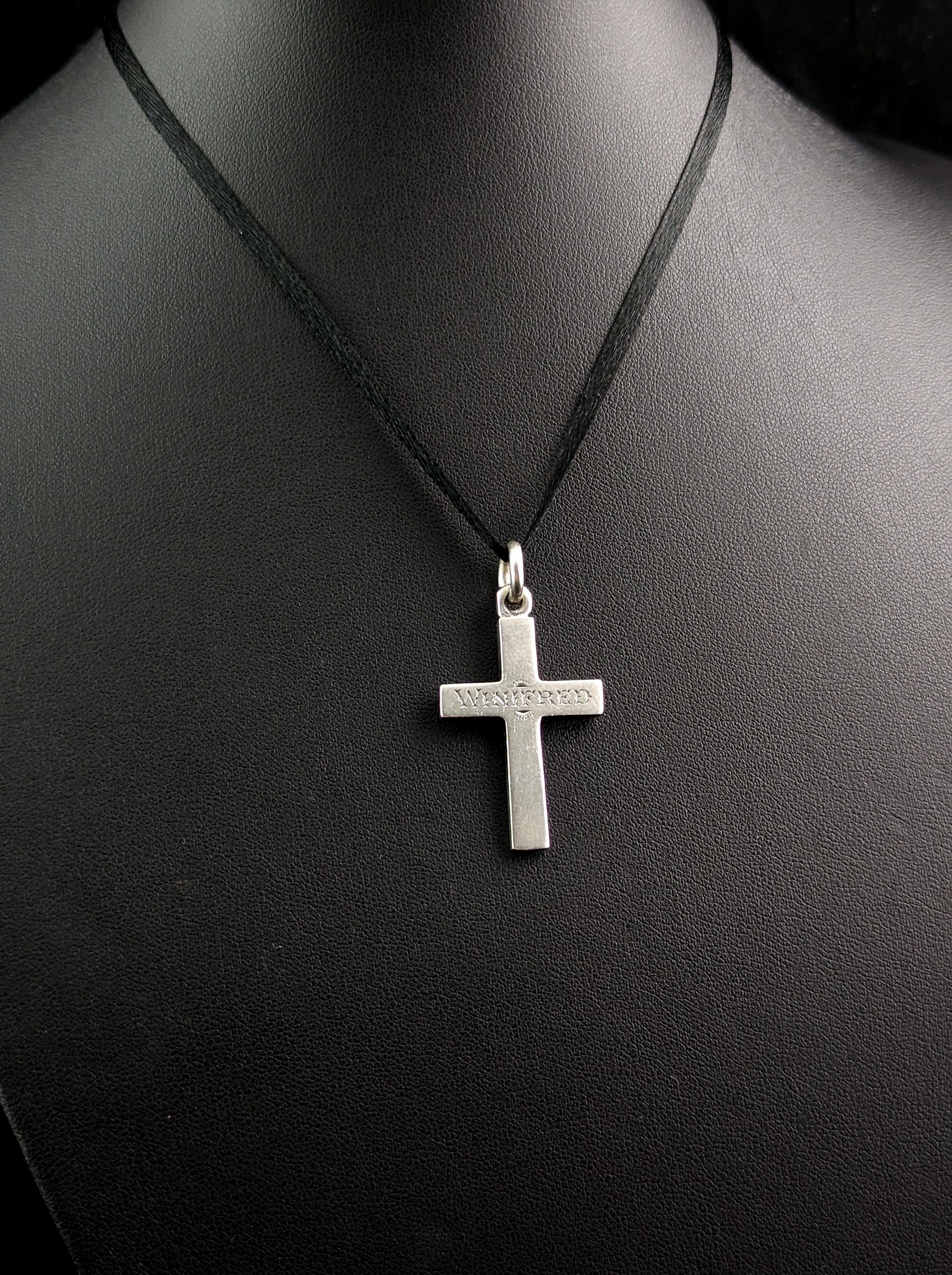 Antique Silver Cross Pendant, Mourning, Winifred 6