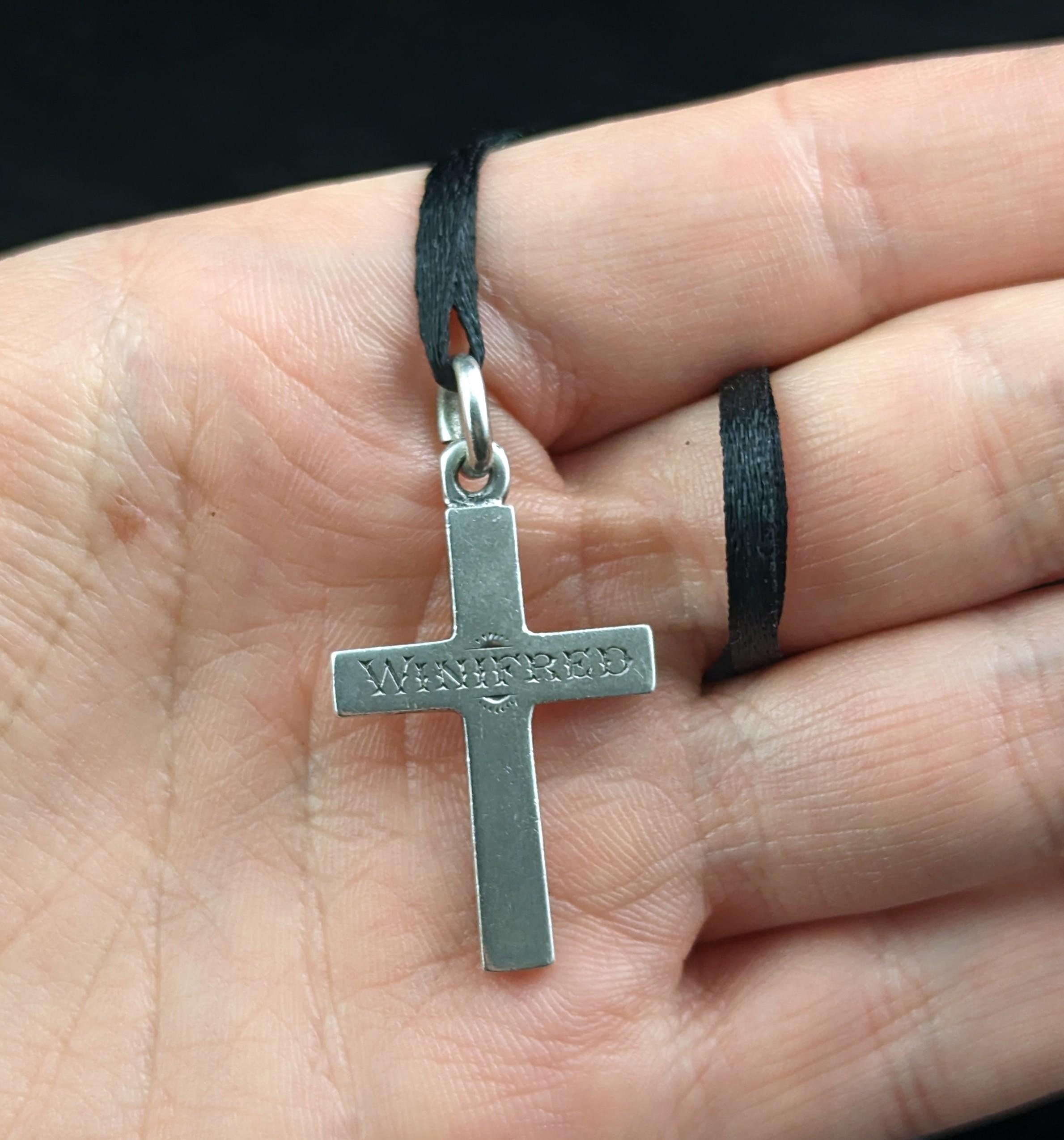 Antique Silver Cross Pendant, Mourning, Winifred 7