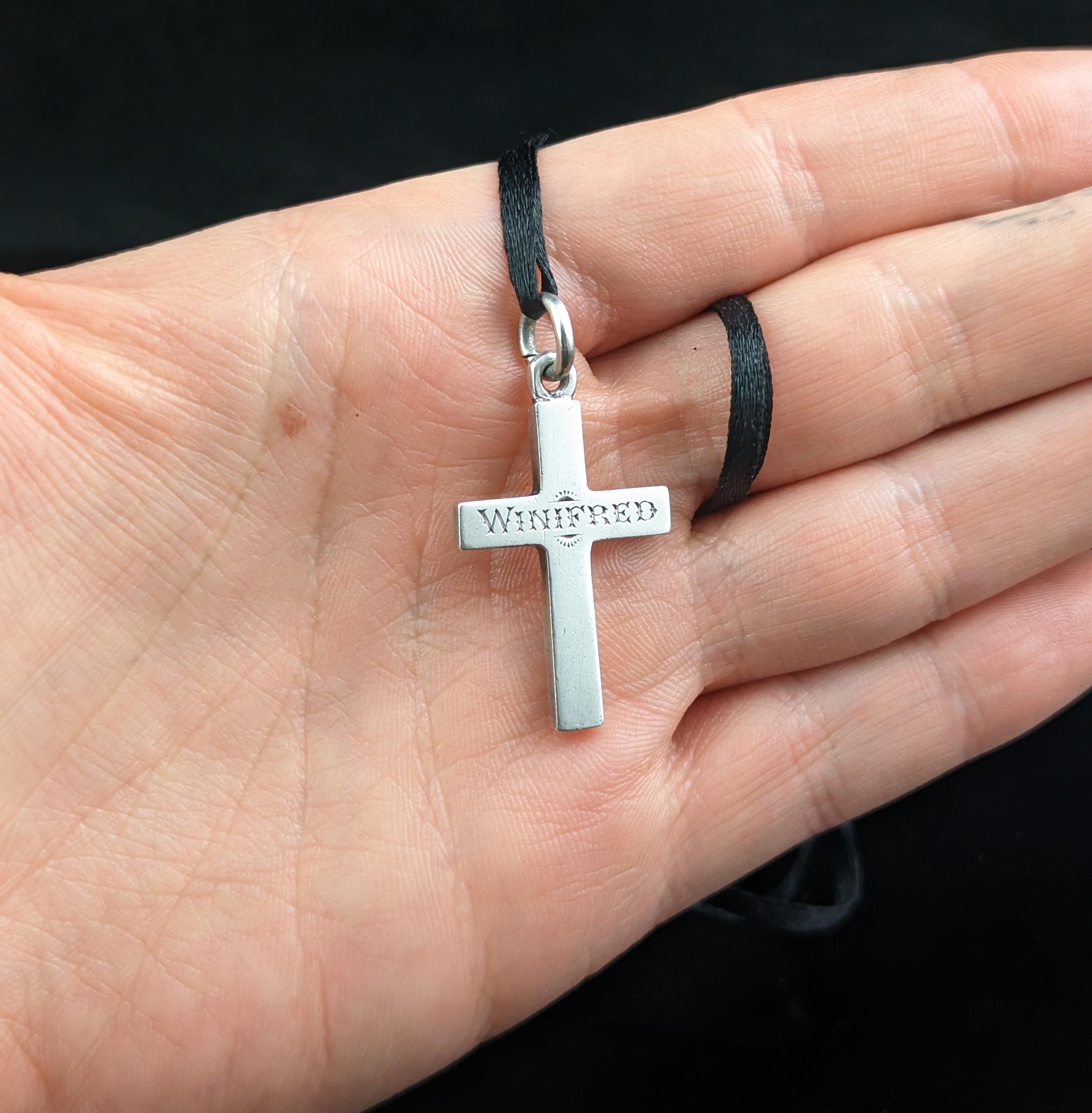 Antique Silver Cross Pendant, Mourning, Winifred 8