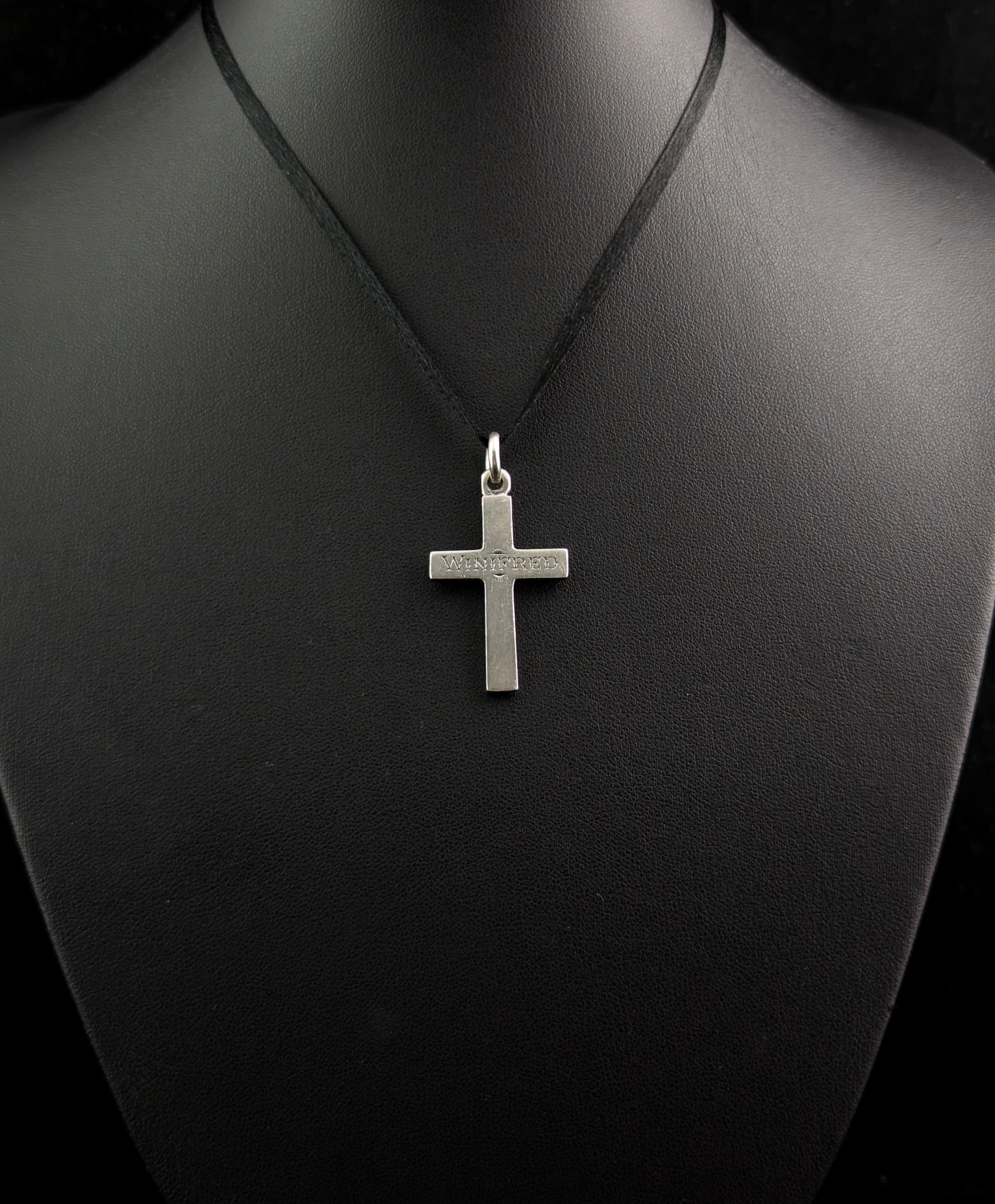 Victorian Antique Silver Cross Pendant, Mourning, Winifred