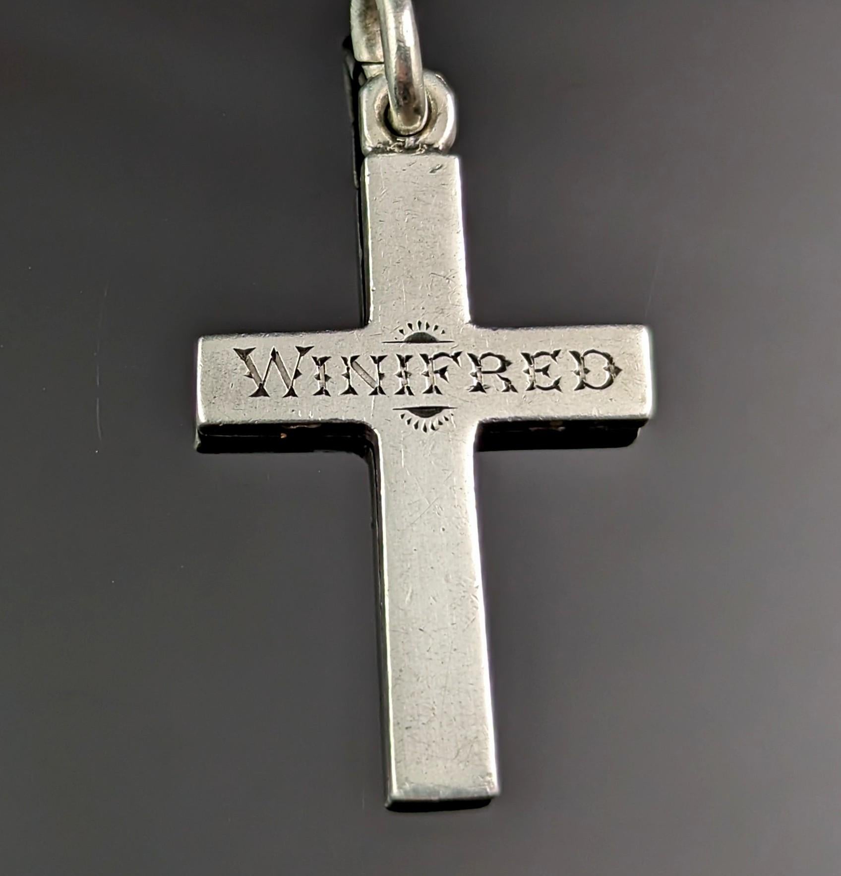 Women's or Men's Antique Silver Cross Pendant, Mourning, Winifred
