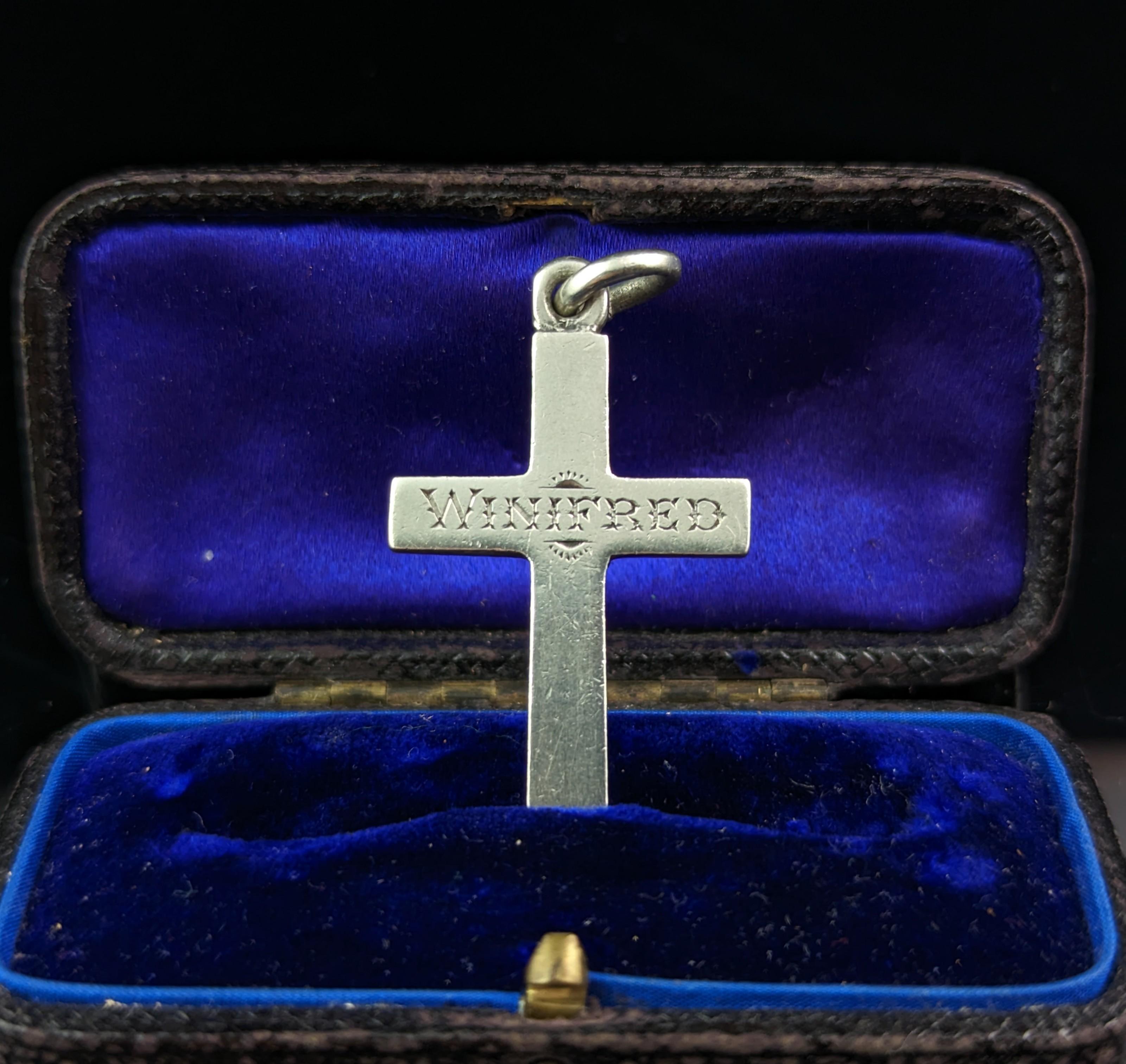 Antique Silver Cross Pendant, Mourning, Winifred 2