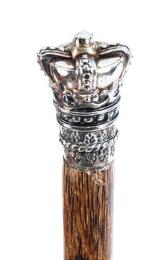 Antique Silver Crown Palmwood Walking Stick Cane, 19th Century