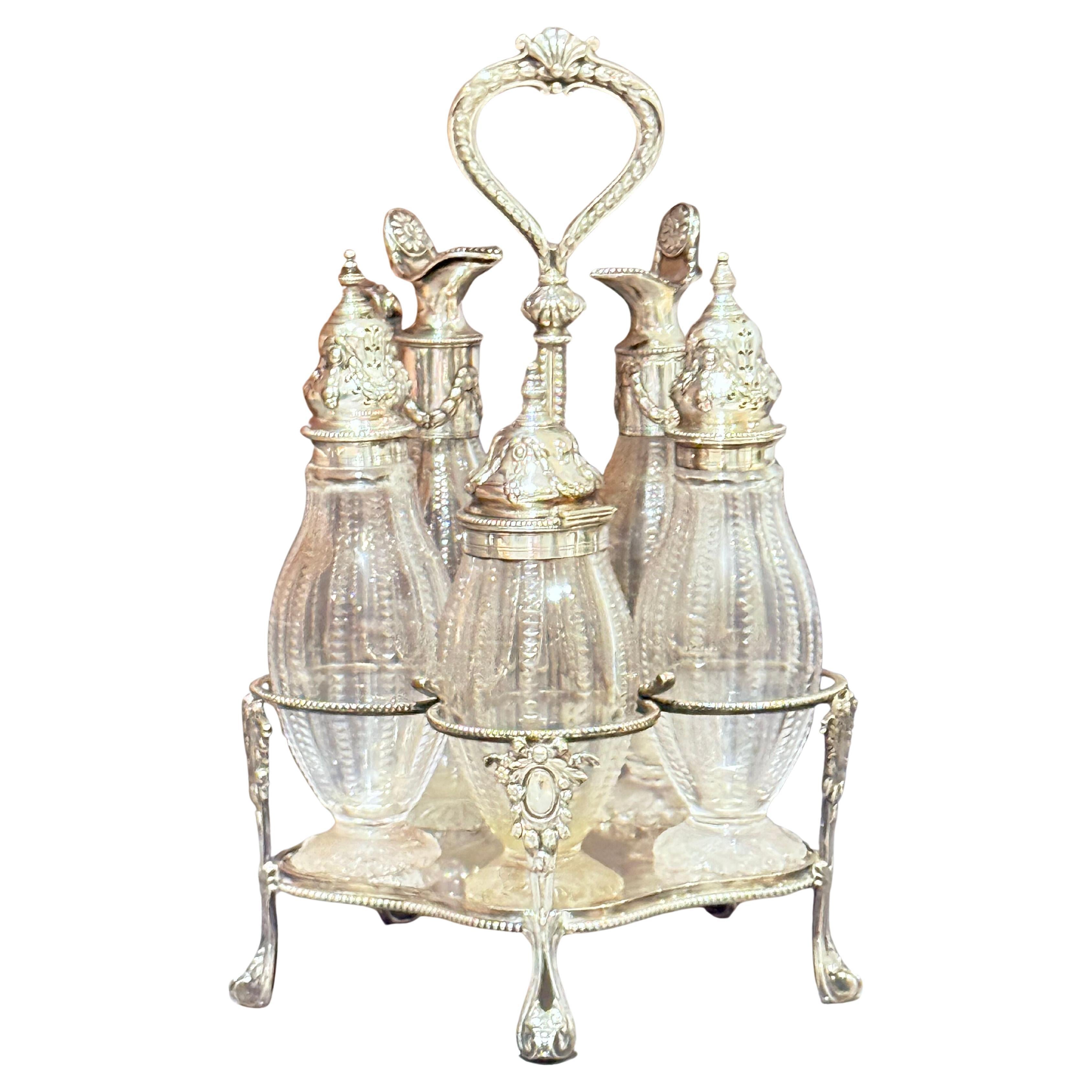 Antique Silver Cruet Set, Cut Glass Bottles, Vintage condiment set Dining Decor