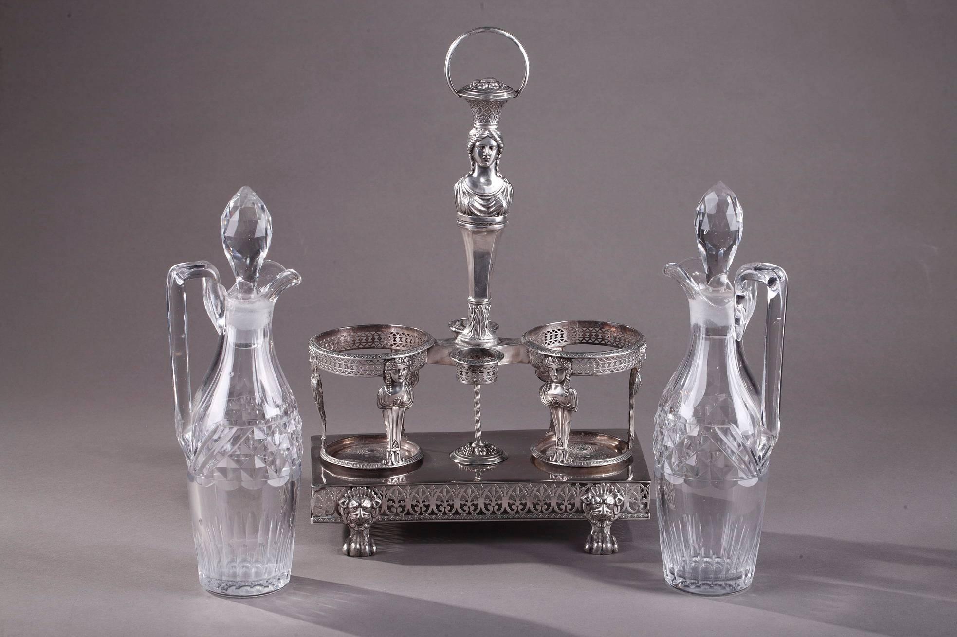 Directoire Antique Silver Cruet Set, Oil and Vinegar Bottles, 18th Century Period