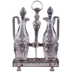 Antique Silver Cruet Set, Oil and Vinegar Bottles, 18th Century Period