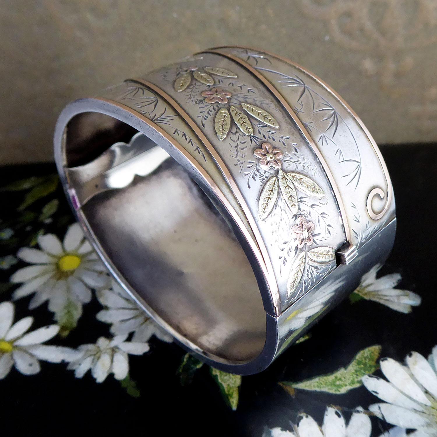Antique Silver Cuff Bangle in Silver with Gold Applique, circa 1880s In Good Condition In Yorkshire, West Yorkshire