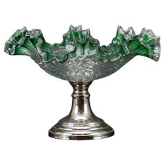 Coppa d'argento antica, grande coppa di cristallo decorativa europea in vetro verde