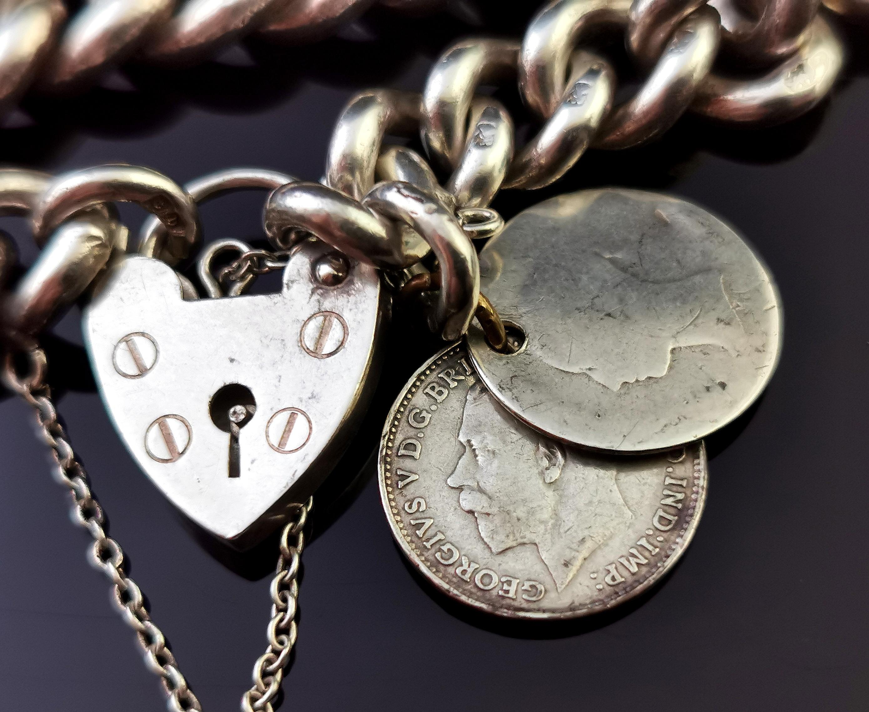 Antique Silver Curb Link Bracelet, Heavy, Edwardian, Coin Charms 3