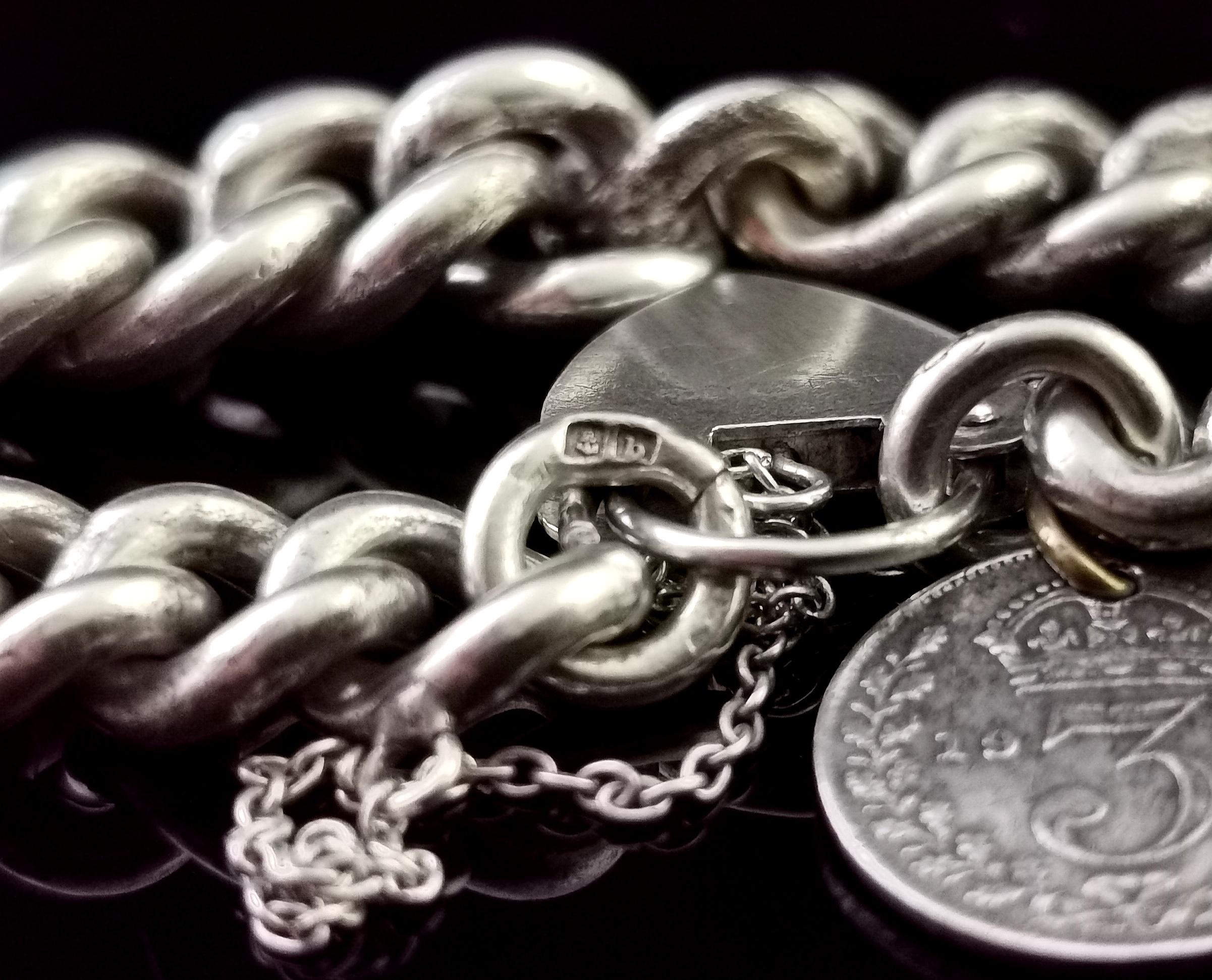 Women's or Men's Antique Silver Curb Link Bracelet, Heavy, Edwardian, Coin Charms