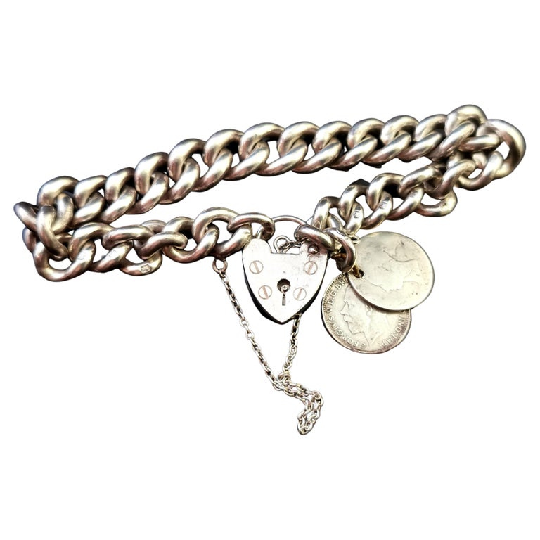 Antique Silver Curb Link Bracelet, Heavy, Edwardian, Coin Charms at 1stDibs
