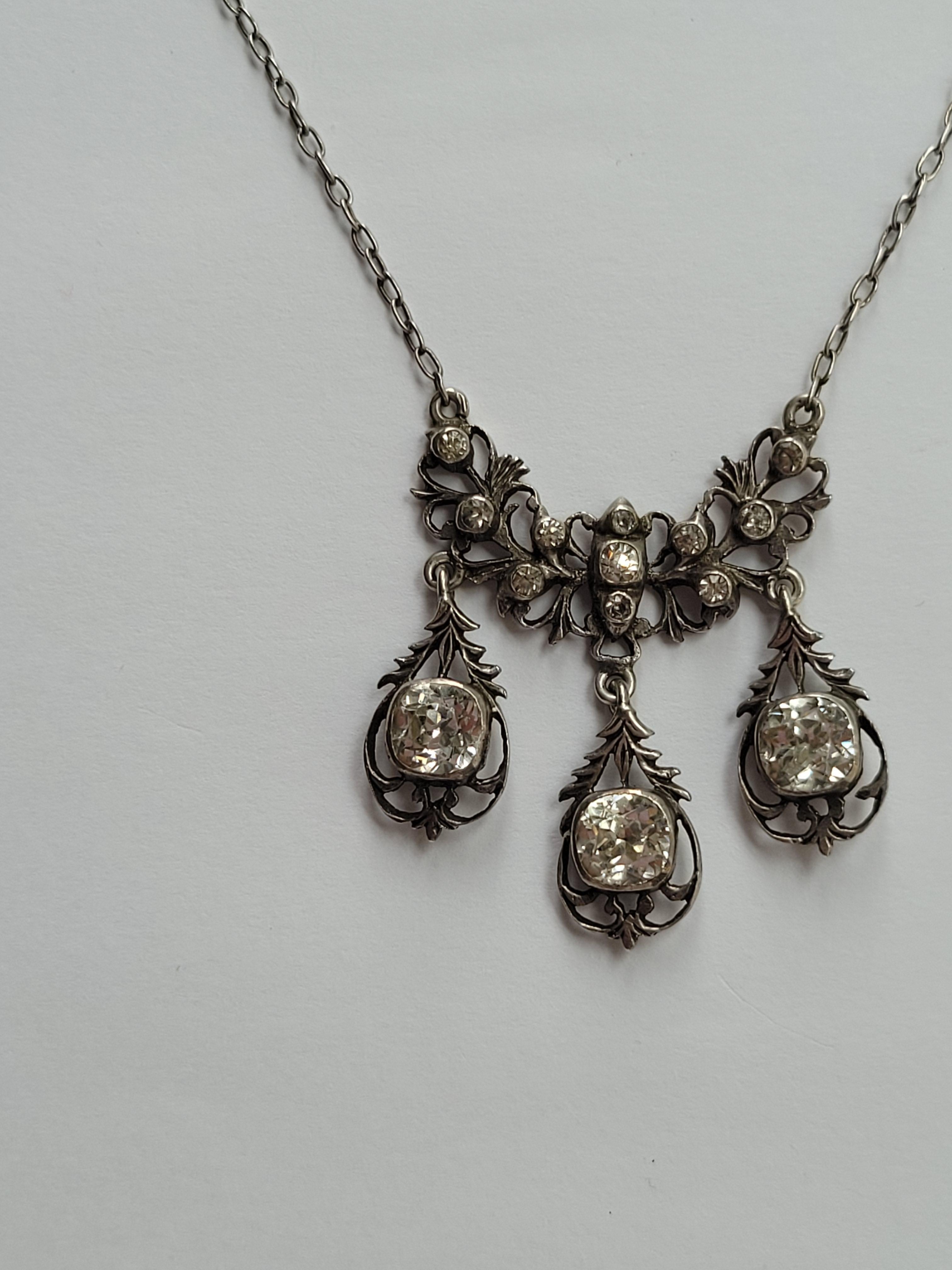 Antique Silver Cushion Paste Three Drop necklace For Sale 5