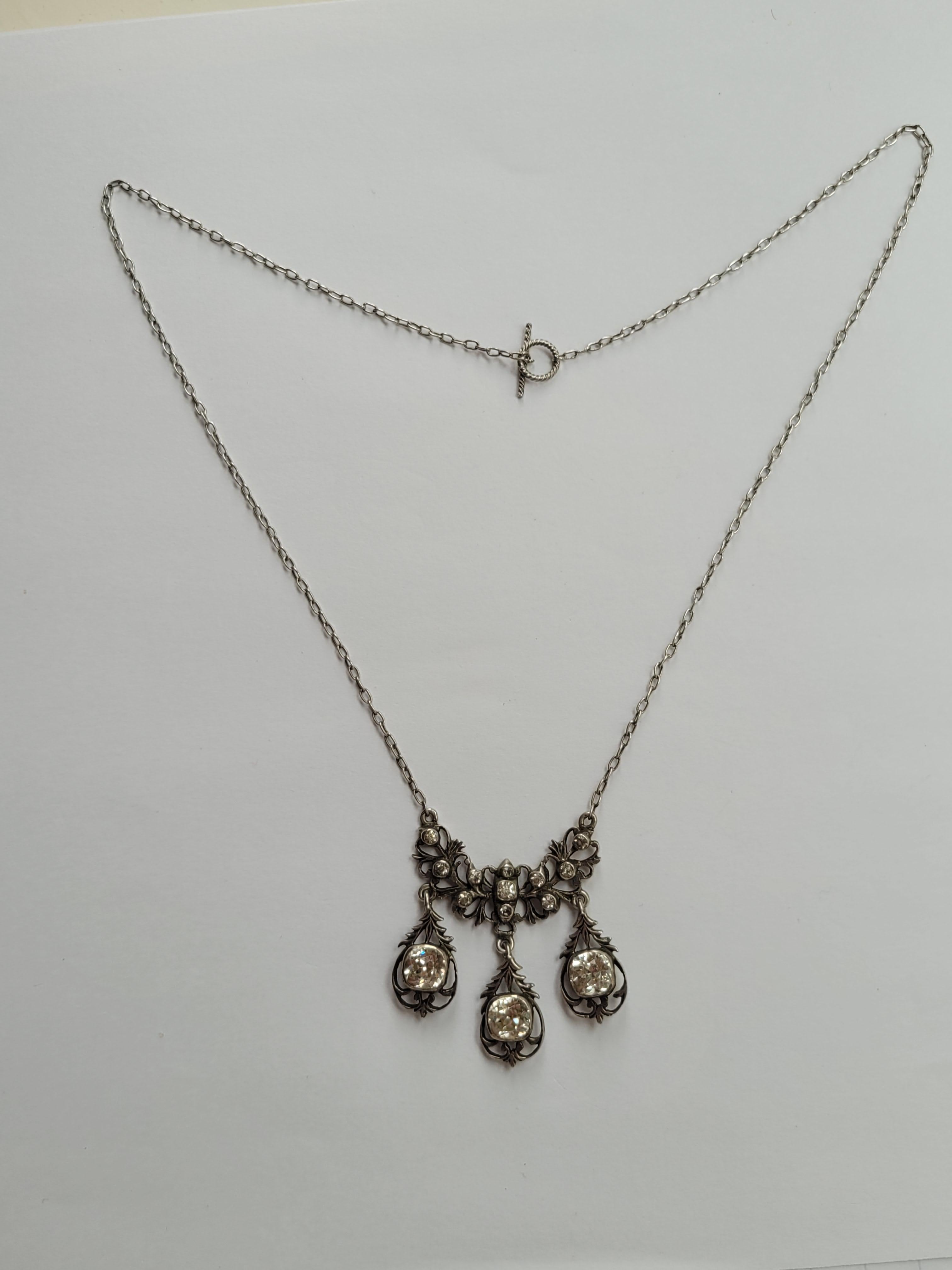 Antique Silver Cushion Paste Three Drop necklace For Sale 3