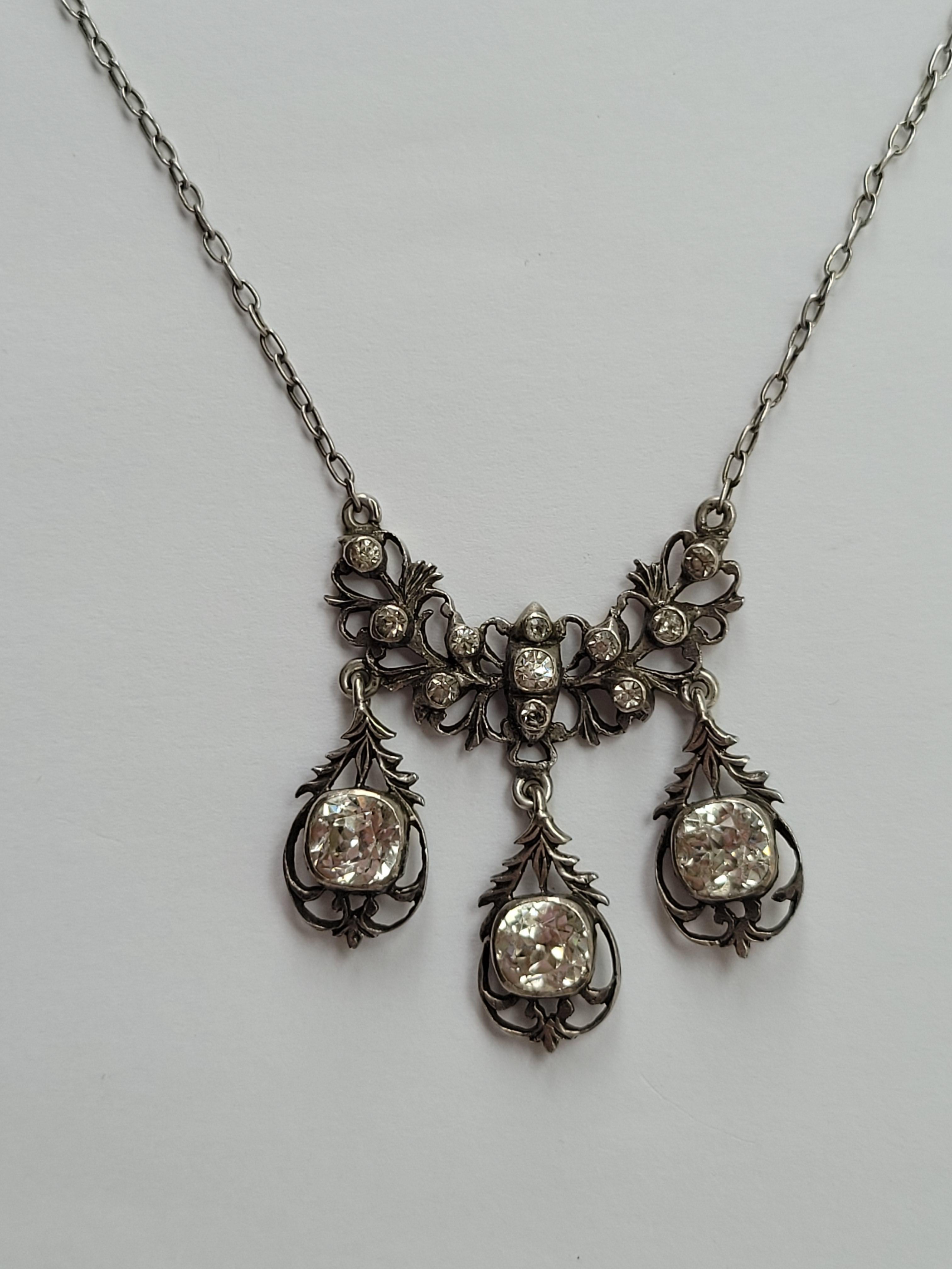 Antique Silver Cushion Paste Three Drop necklace For Sale 4