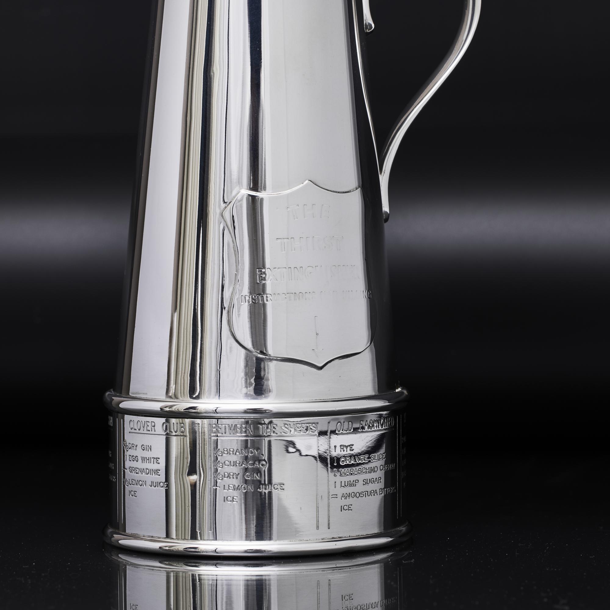 British Thirst Extinguisher silver-plated cocktail shaker For Sale