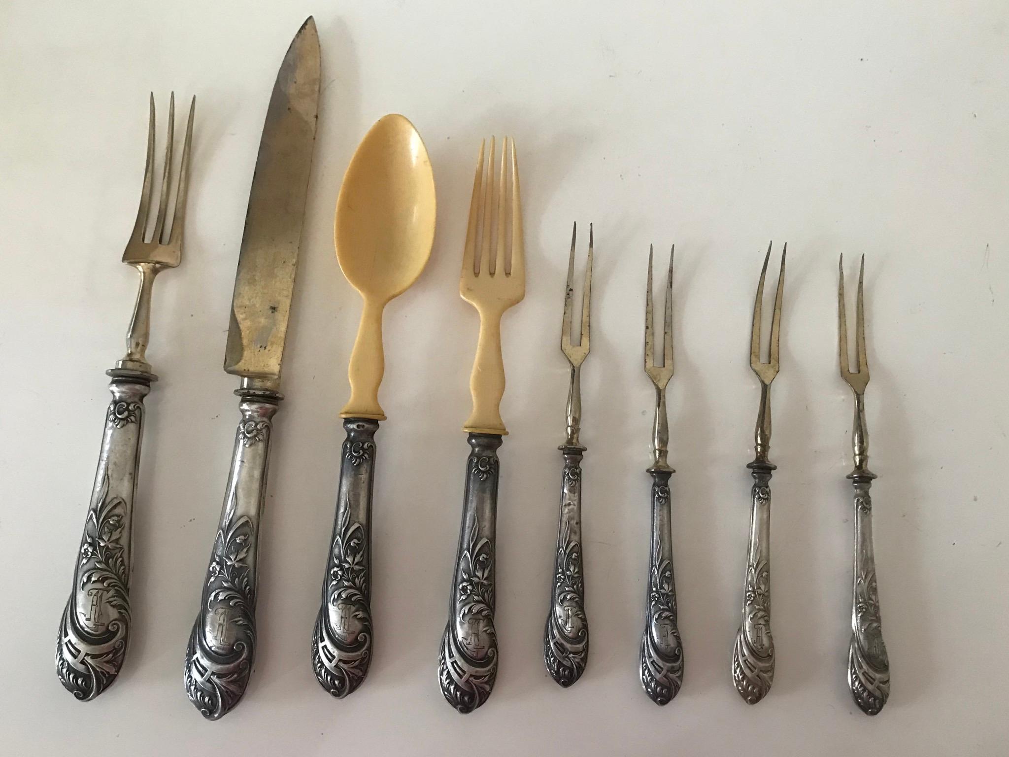 Antique neobaroque silver cutlery serving set in 8 pcs.