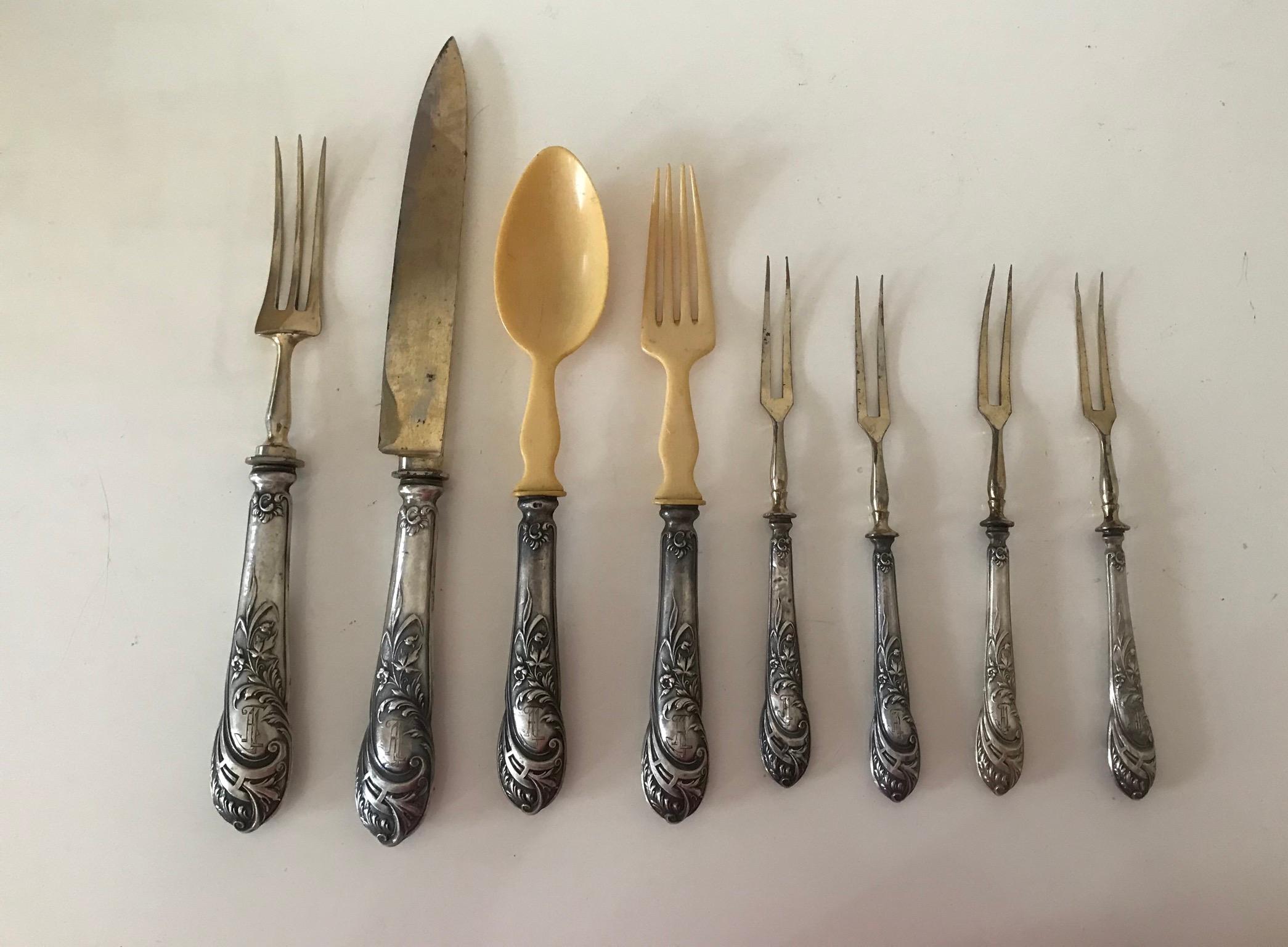 Baroque Revival Antique Silver Cutlery Carving set of 8 pcs For Sale