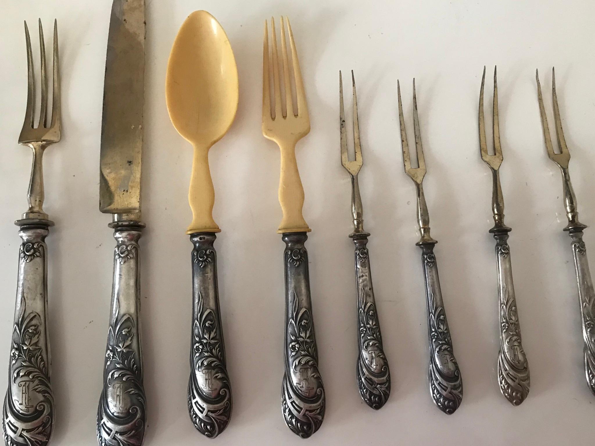 Italian Antique Silver Cutlery Carving set of 8 pcs For Sale