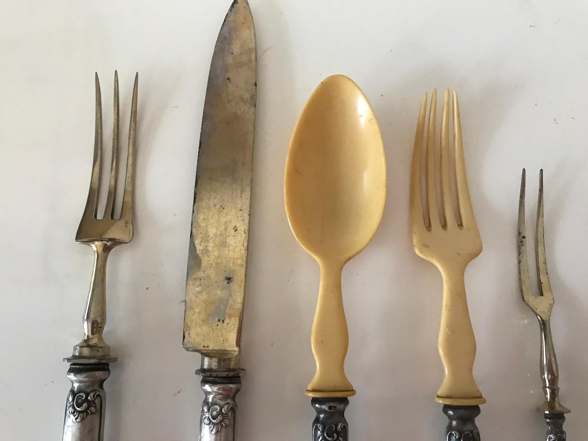 Antique Silver Cutlery Carving set of 8 pcs In Good Condition For Sale In Boca Raton, FL