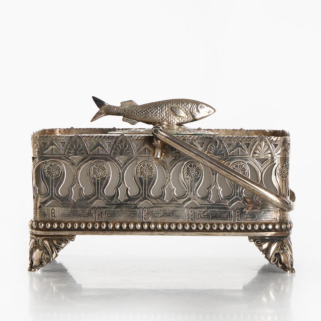 Caja decorativa de plata antigua para caviar, tarro de cristal HERRING y asa de pez Art Decó