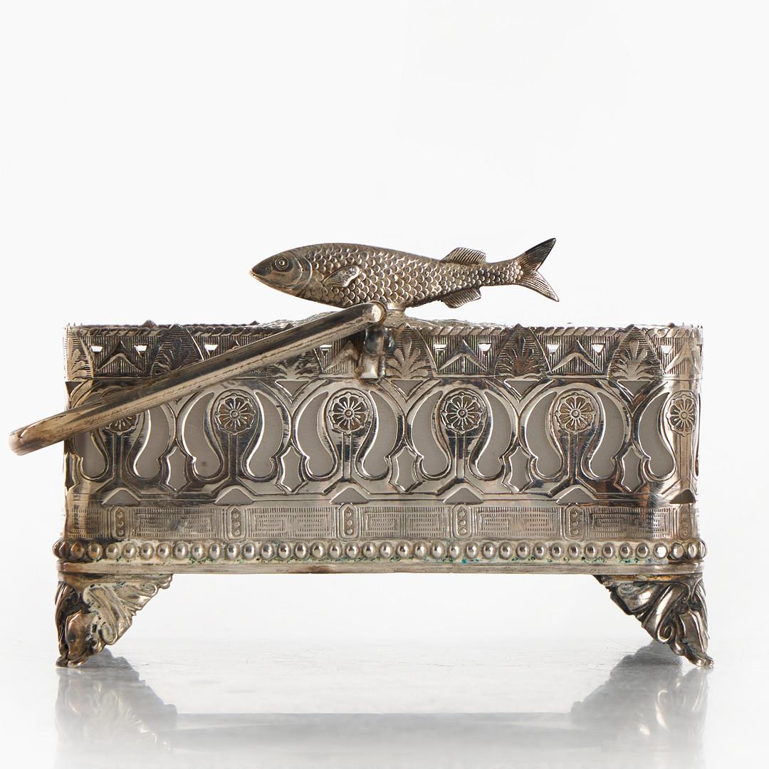 Caja decorativa de plata antigua para caviar, tarro de cristal HERRING y asa de pez Presionado