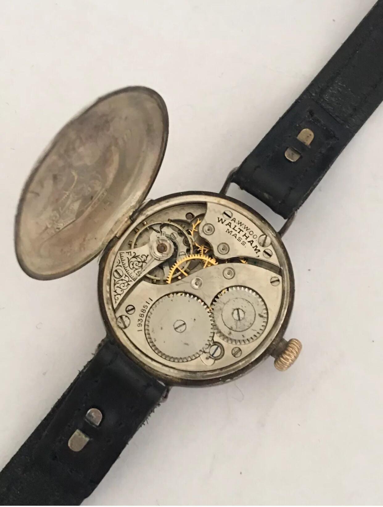 Antique Silver Dennison Case WWI Waltham Trench Watch In Good Condition In Carlisle, GB