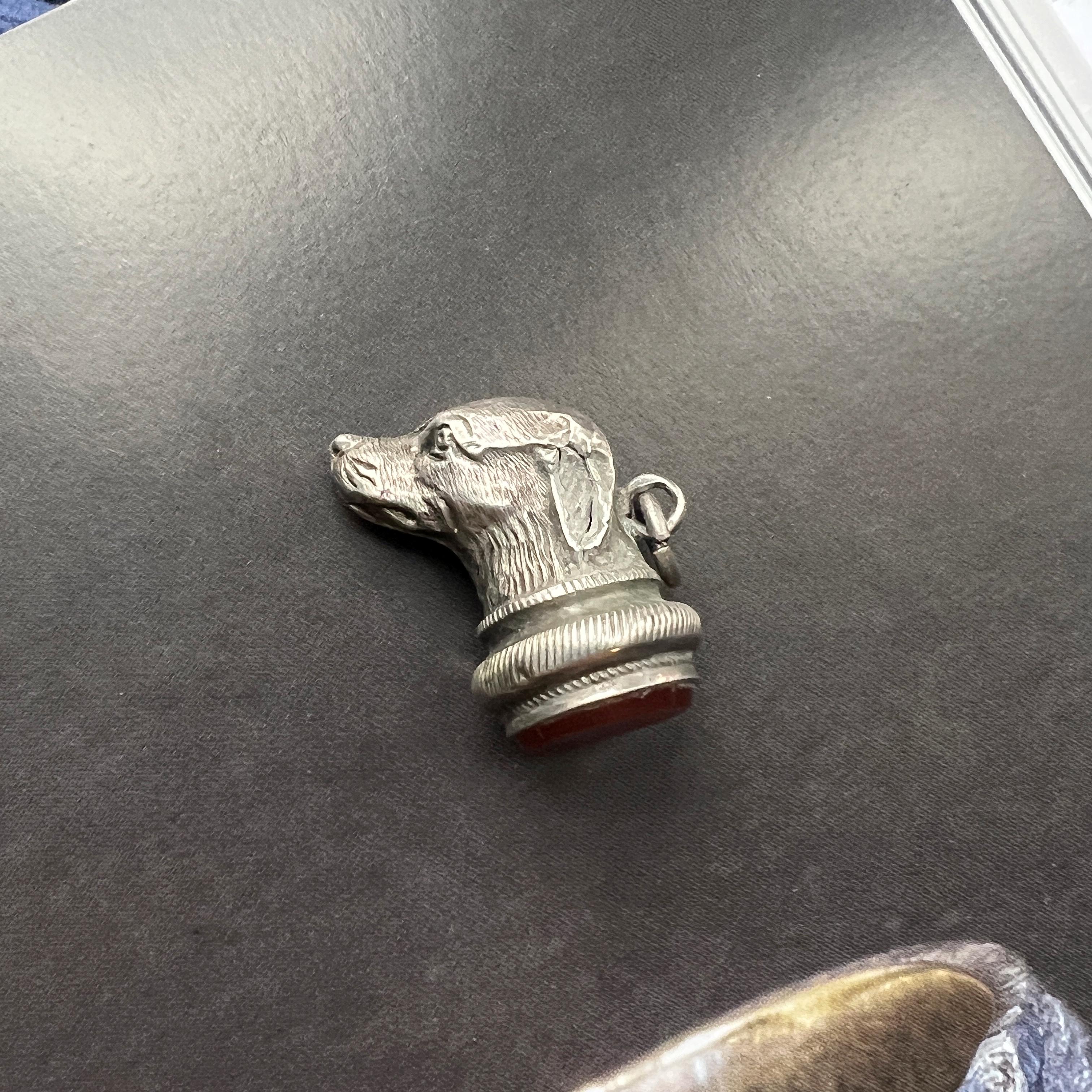 Antique silver dog carnelian seal fob pendant 4