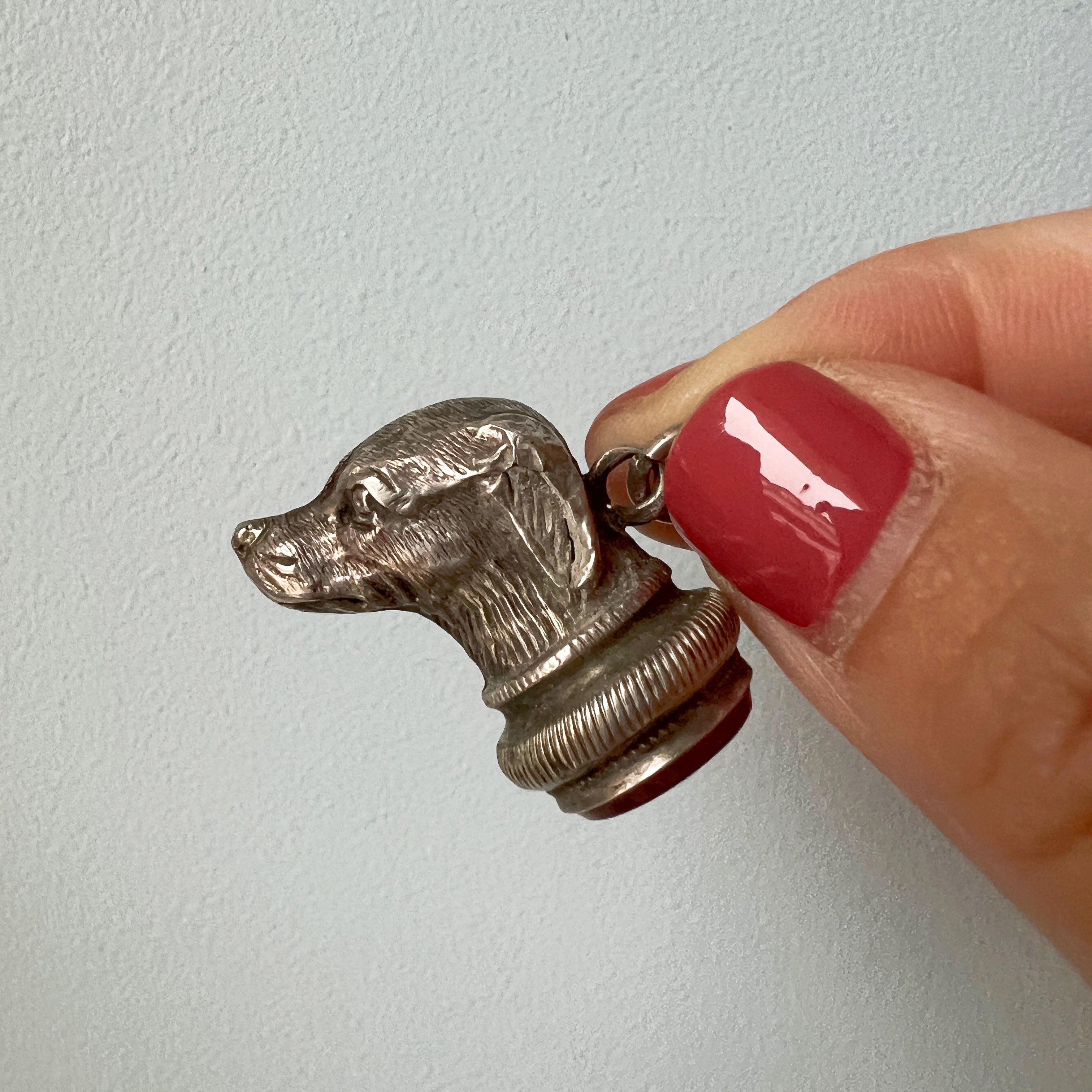 Antique silver dog carnelian seal fob pendant 5