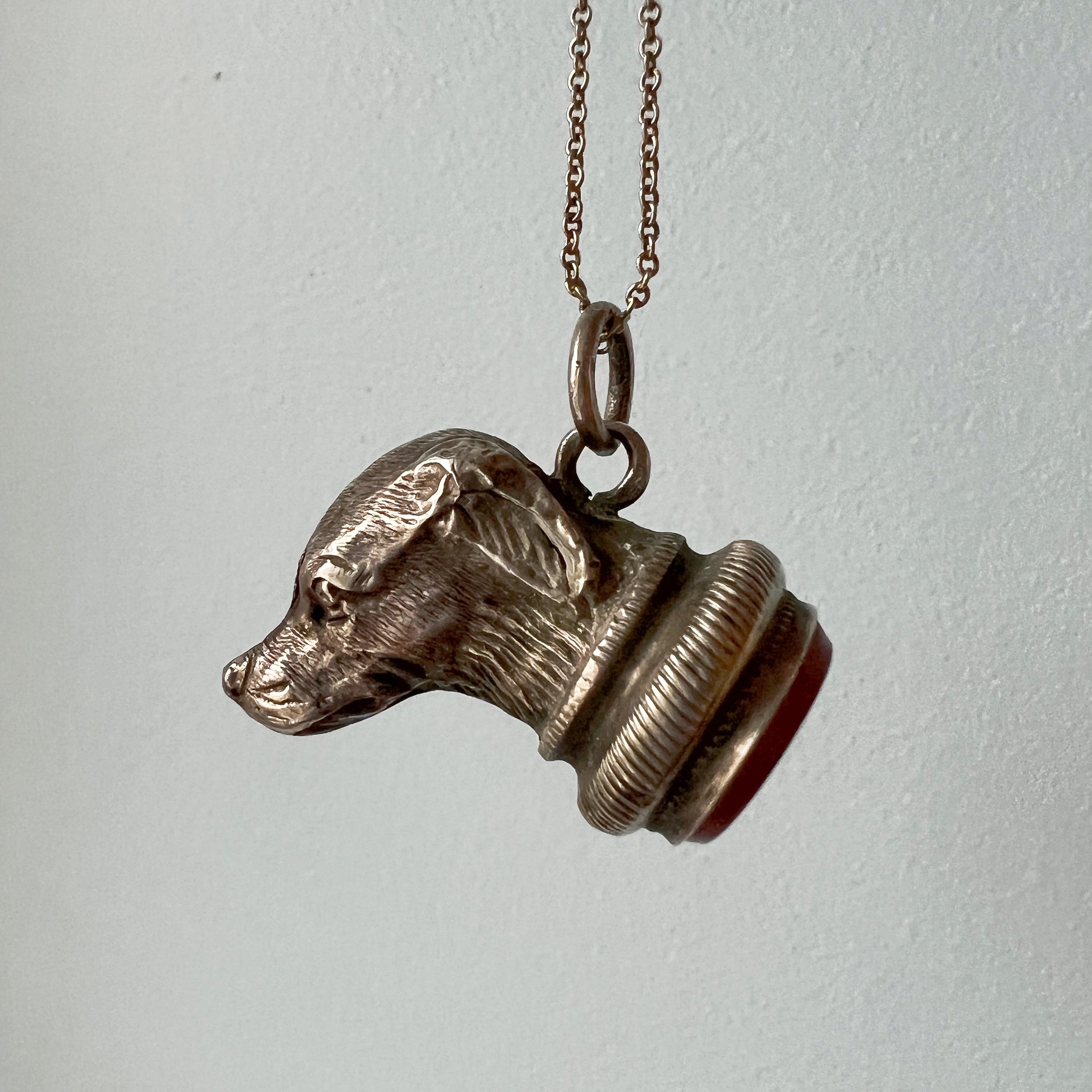 Cabochon Antique silver dog carnelian seal fob pendant