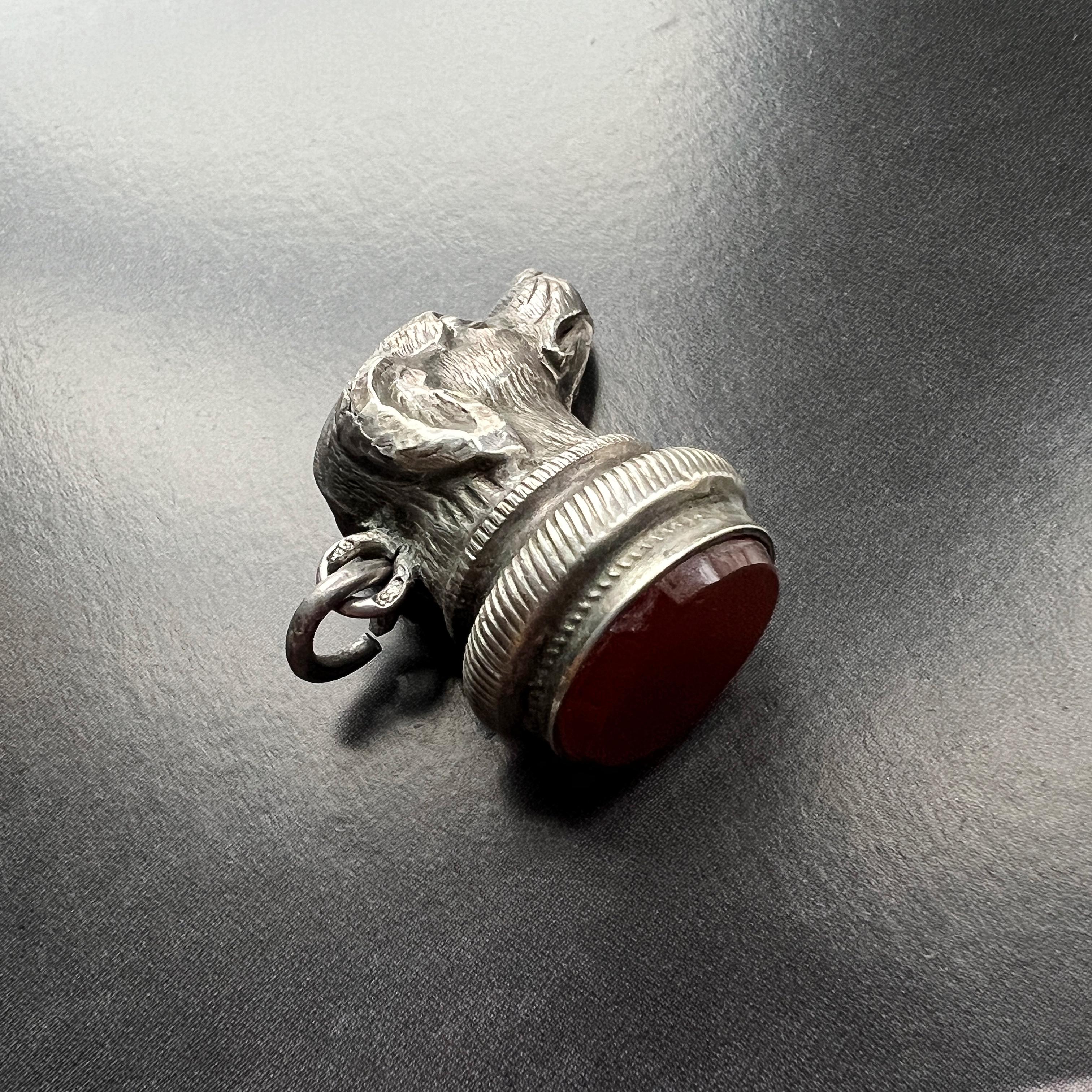 Antique silver dog carnelian seal fob pendant 1