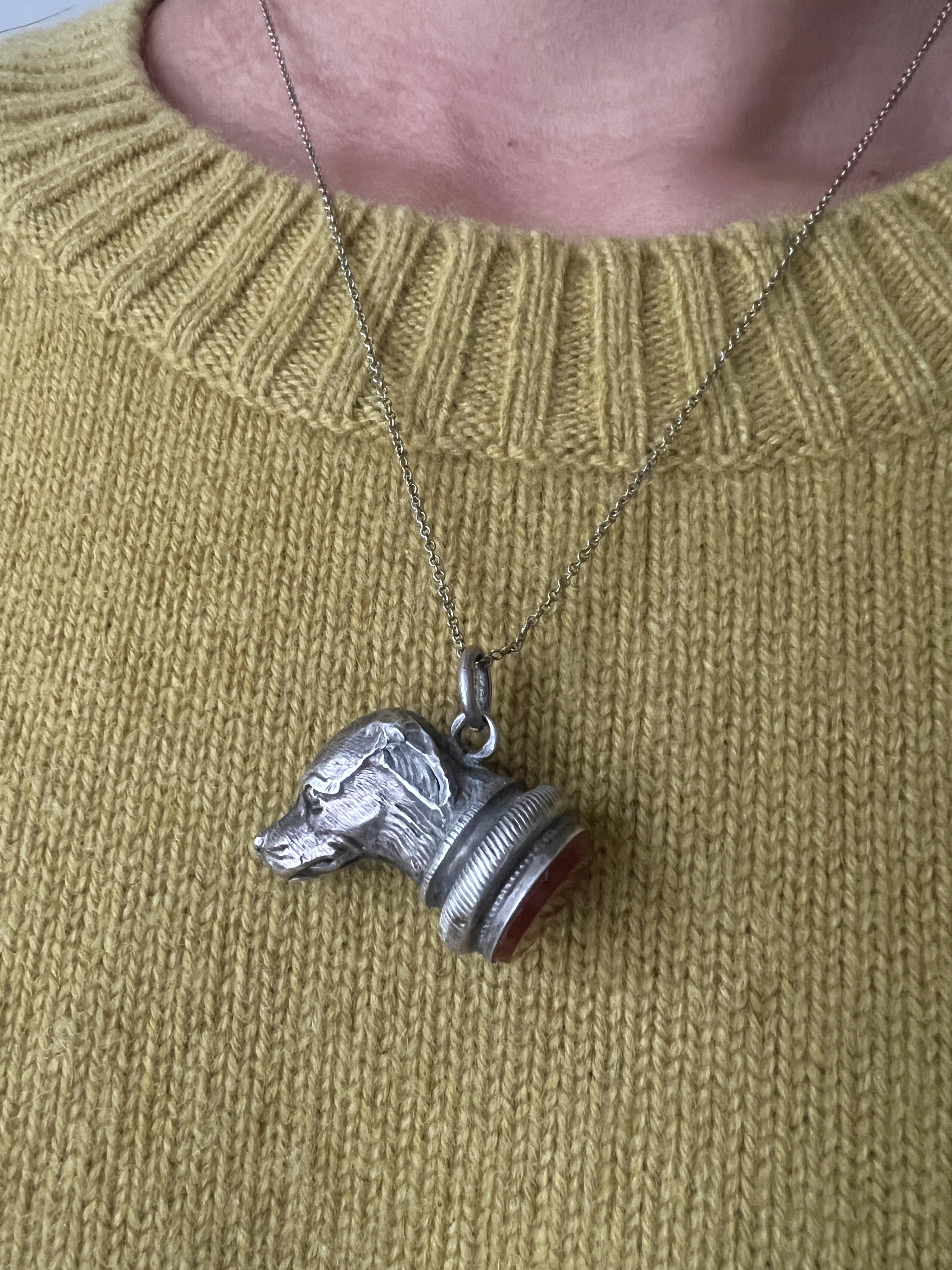 Antique silver dog carnelian seal fob pendant 3